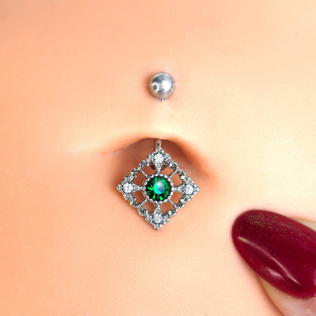 BodyCandy Clear Green Gem Retro Beauty Style Rhombus Belly Ring — detail close-up
