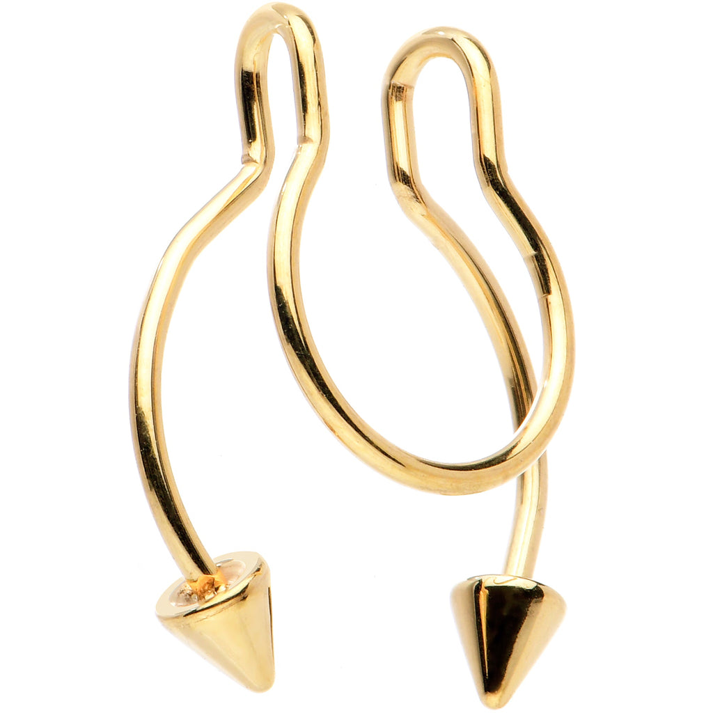 BodyCandy Gold Tone Horseshoe Cone Barbell Fake Nose Ring Nipple and Clip on Earring — detail close-up