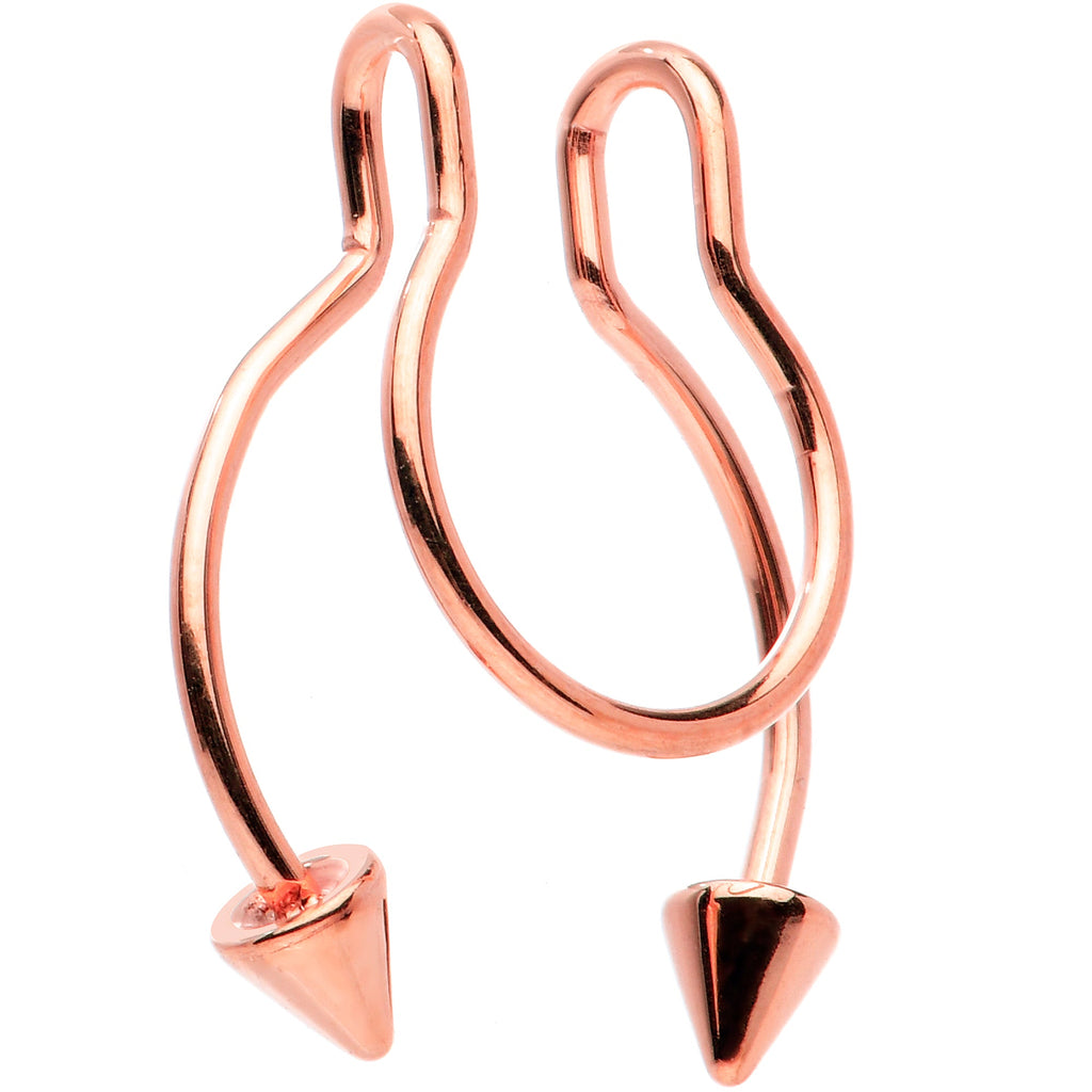 BodyCandy Rose Gold Tone Horseshoe Cone Barbell Fake Nose Ring Nipple and Clip on Earring — detail close-up