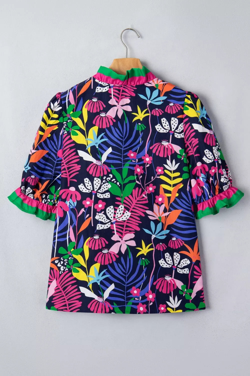 Floral Print Frilled Contrast Striped Trim V Neck Short Sleeve Blouse