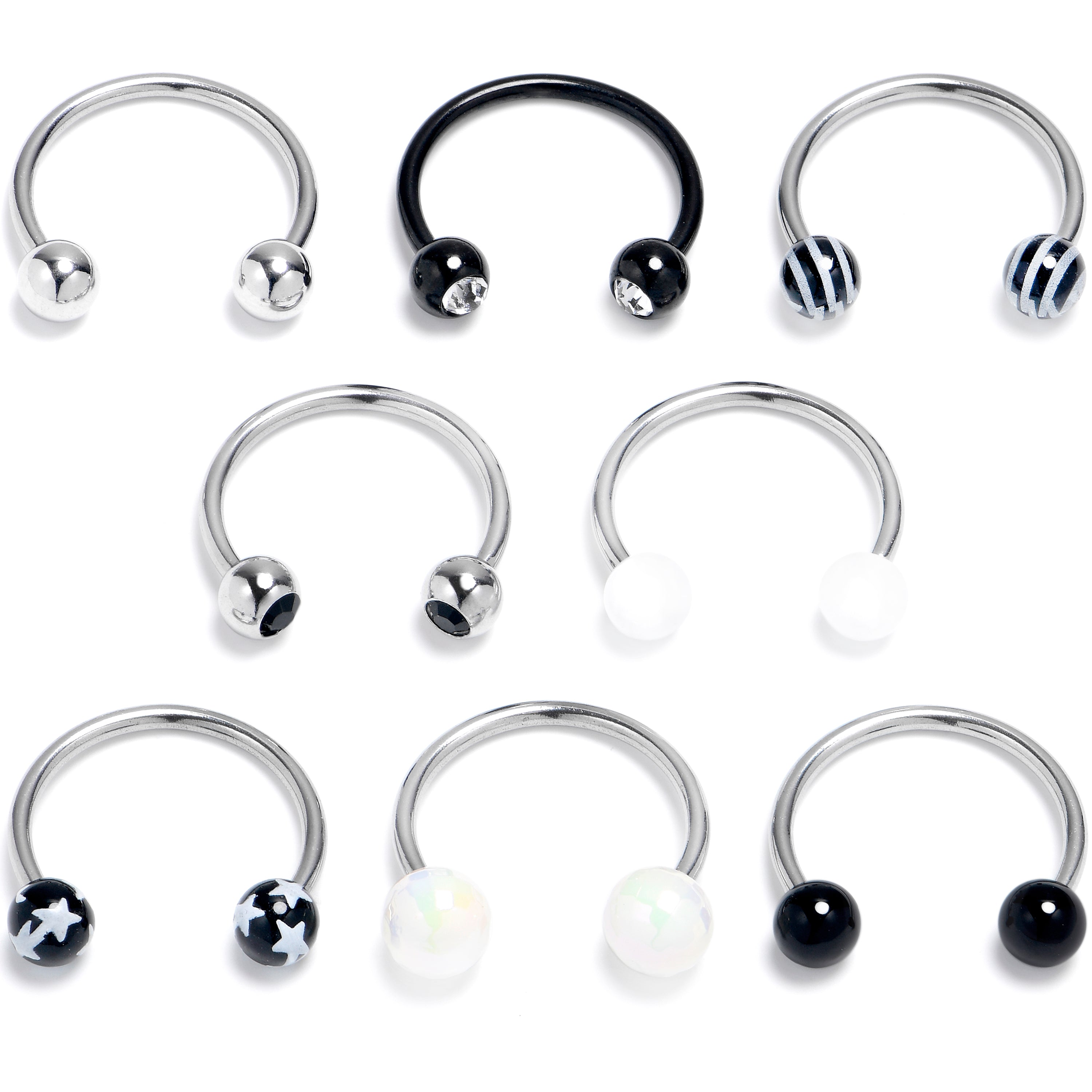BodyCandy 16G 3/8 Pattern Black White Horseshoe Circular Barbell Set of 8 — main product shot
