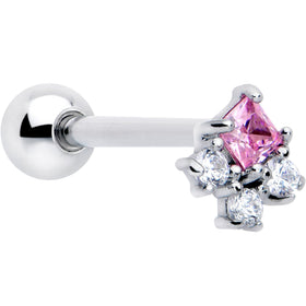 Pink Clear CZ Gem Rhombus Riot Barbell Tongue Ring