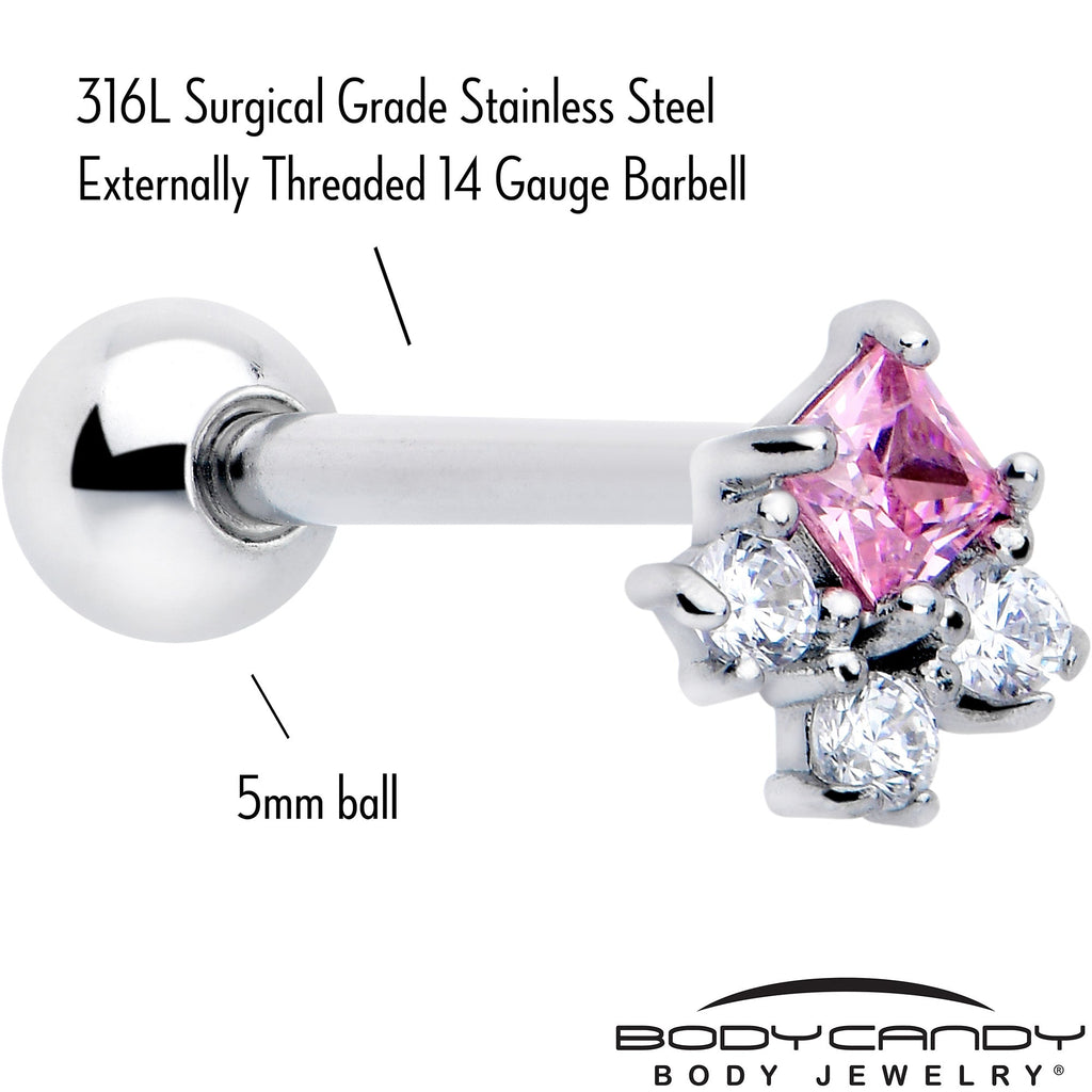 BodyCandy Pink Clear CZ Gem Rhombus Riot Barbell Tongue Ring — detail close-up