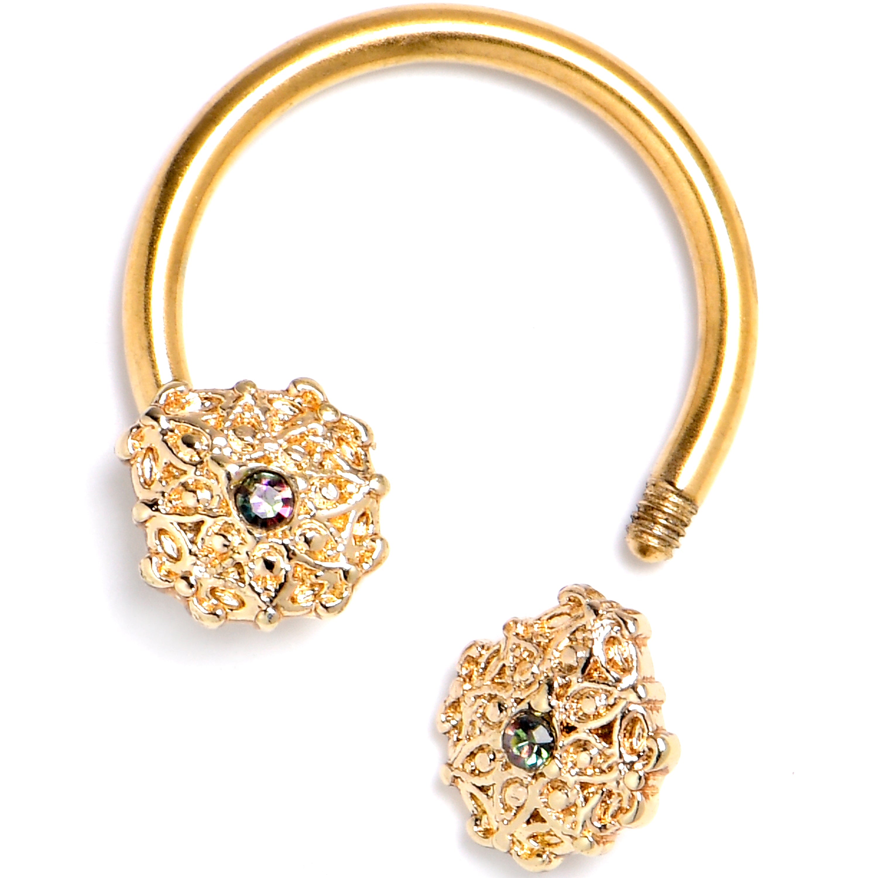 BodyCandy 16G 3/8 Vitrail Gem Gold Tone Blossom Bloom Circular Barbell — detail close-up