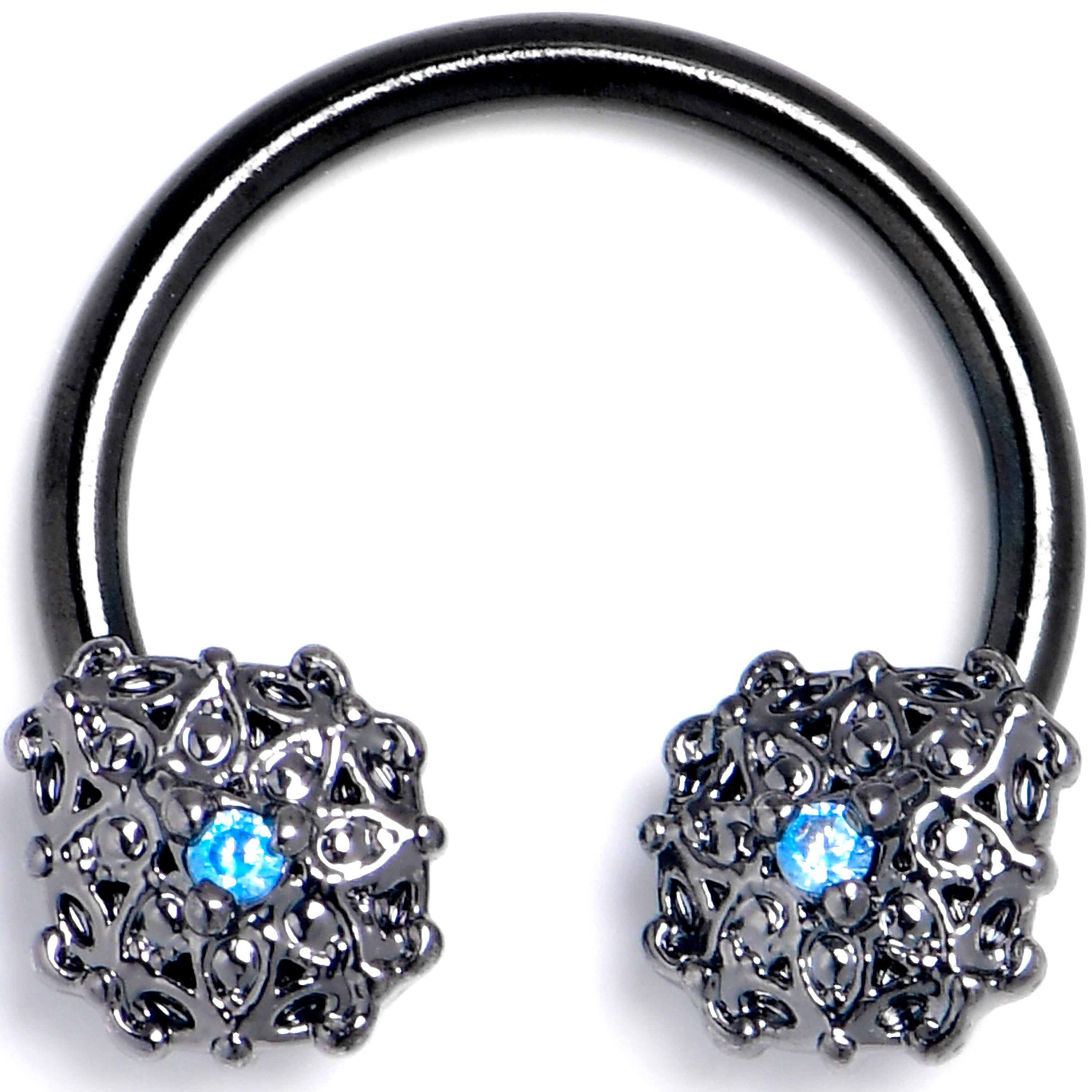 BodyCandy 16G 3/8 Blue Gem Black Blossom Bloom Horseshoe Circular Barbell — main product shot