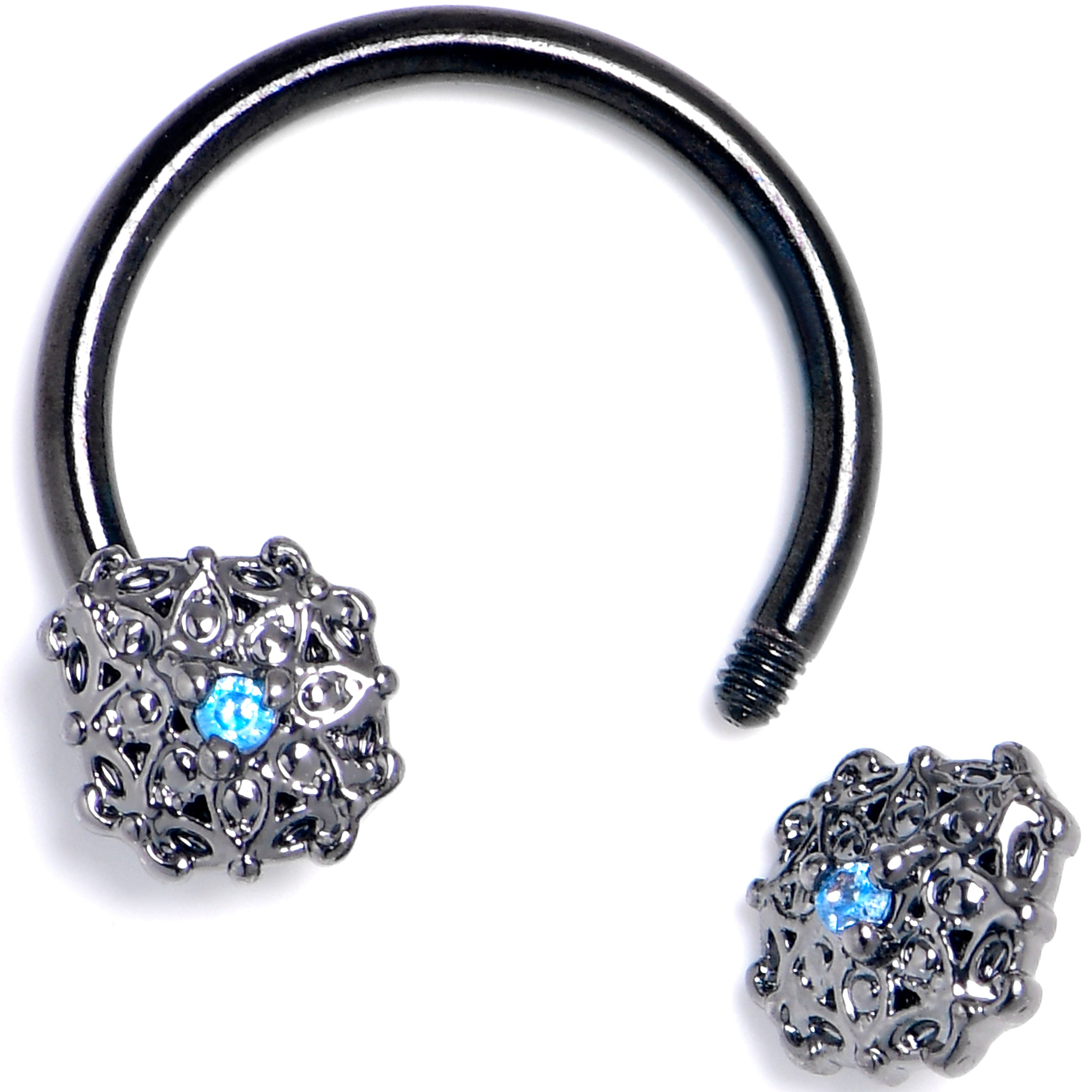 BodyCandy 16G 3/8 Blue Gem Black Blossom Bloom Horseshoe Circular Barbell — detail close-up