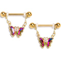 BodyCandy 14G 9/16 Vitrail Gem Gold Tone Classic Butterfly Dangle Nipple Ring Set — main product shot