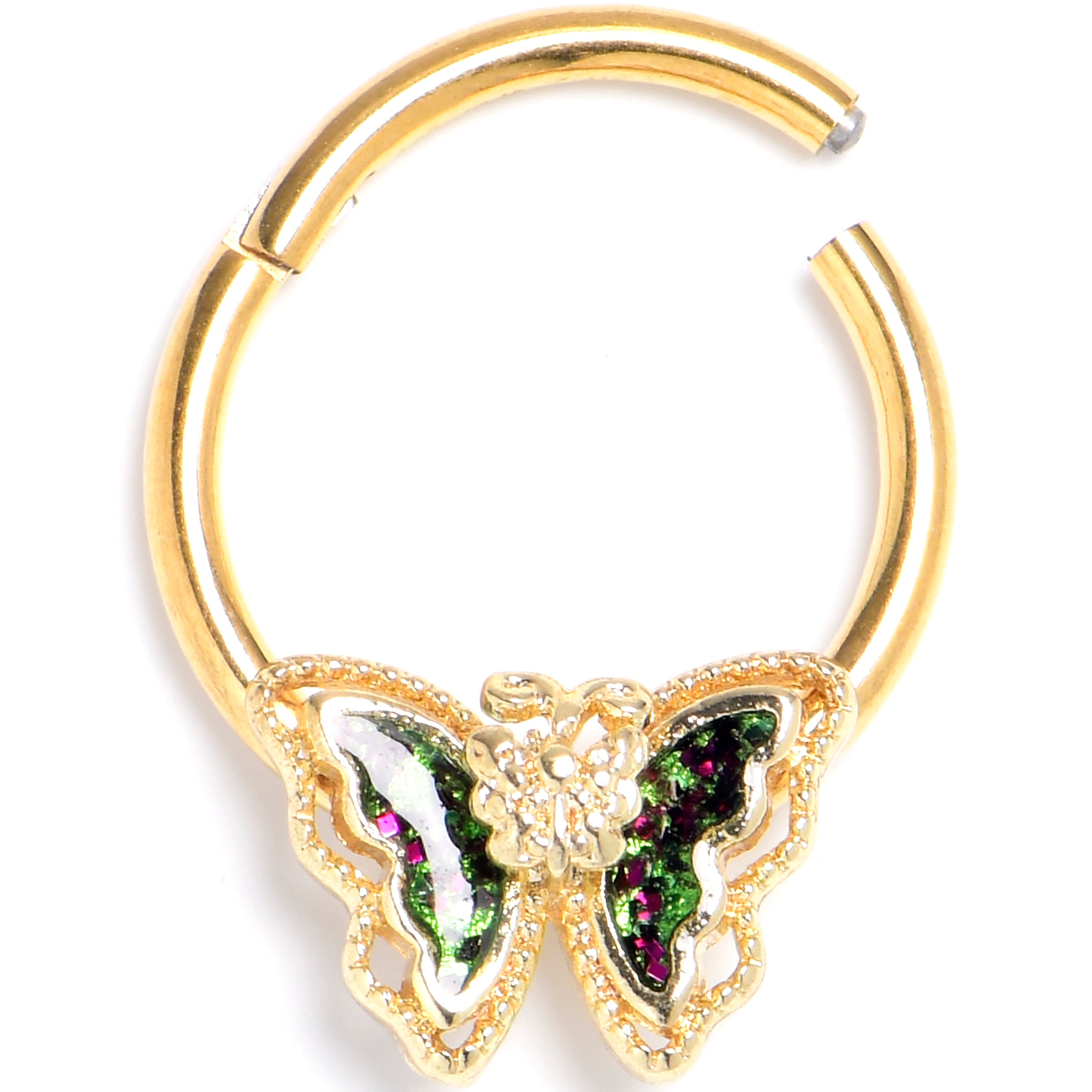 BodyCandy 16G 3/8 Vitrail Gem Gold Tone Classic Butterfly Hinged Segment Ring — main product shot