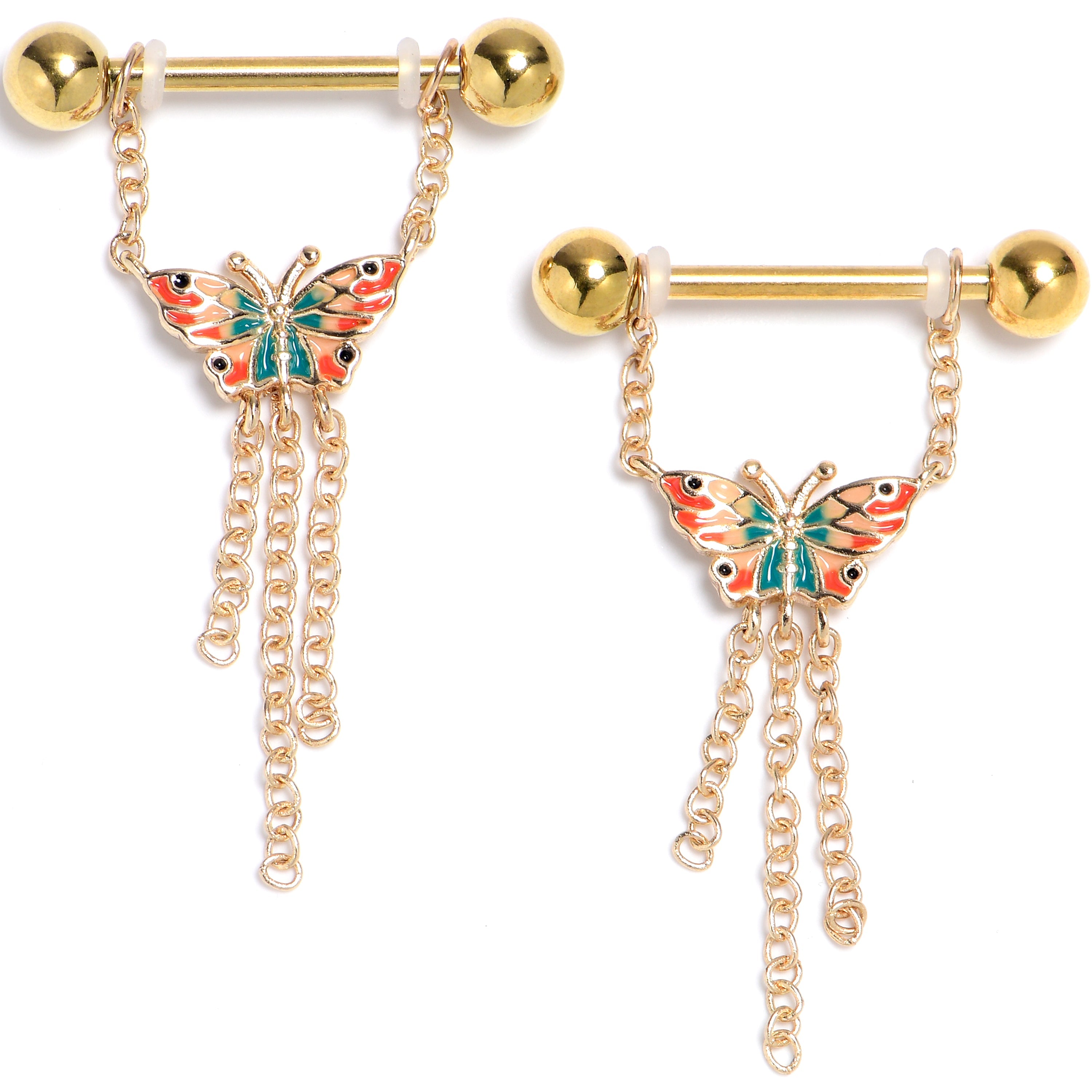 BodyCandy 14G 9/16 Gold Tone Sunrise Butterfly Dangle Nipple Ring Set — main product shot