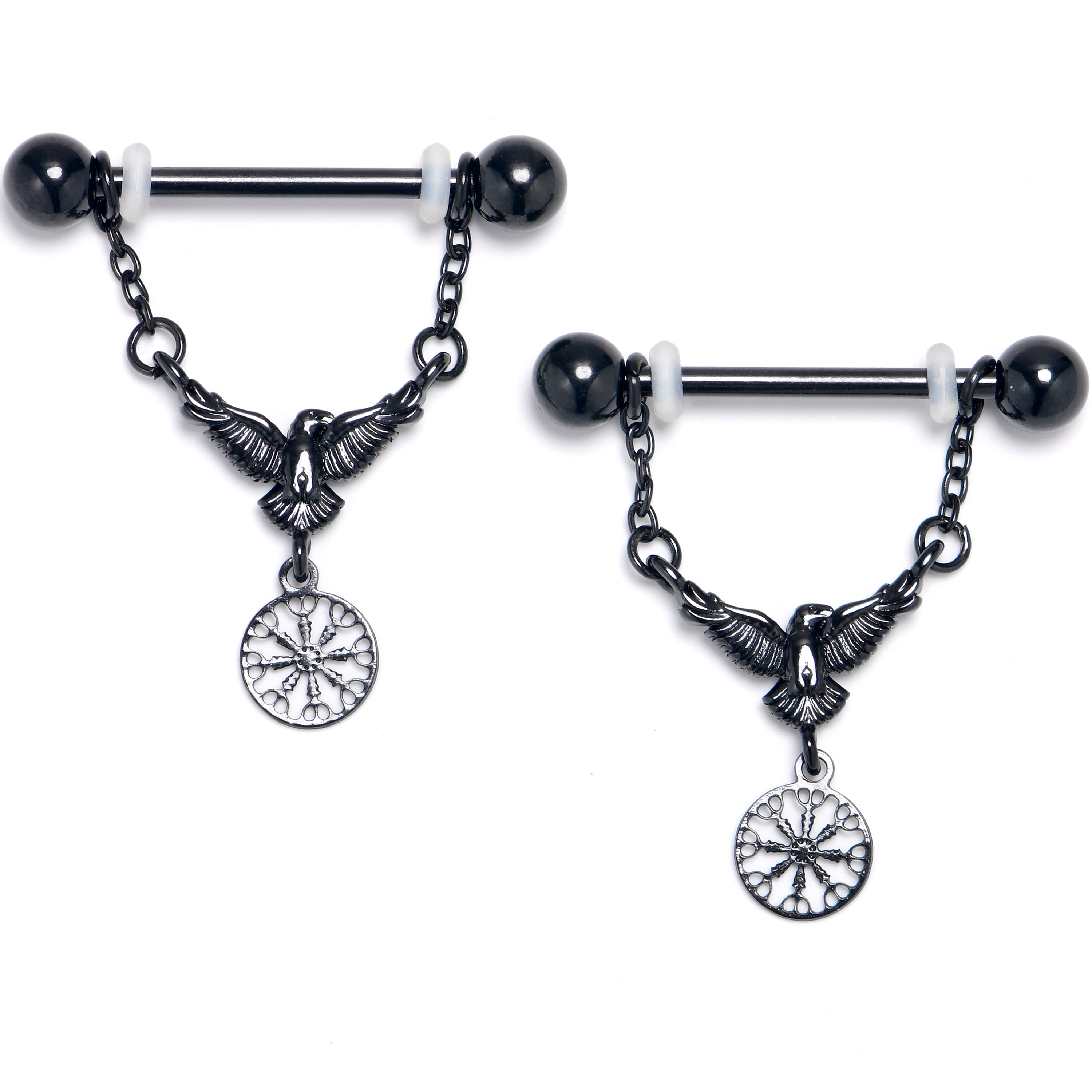 BodyCandy 14G 9/16 Black Raven Bird Wheel Dangle Nipple Ring Set — main product shot