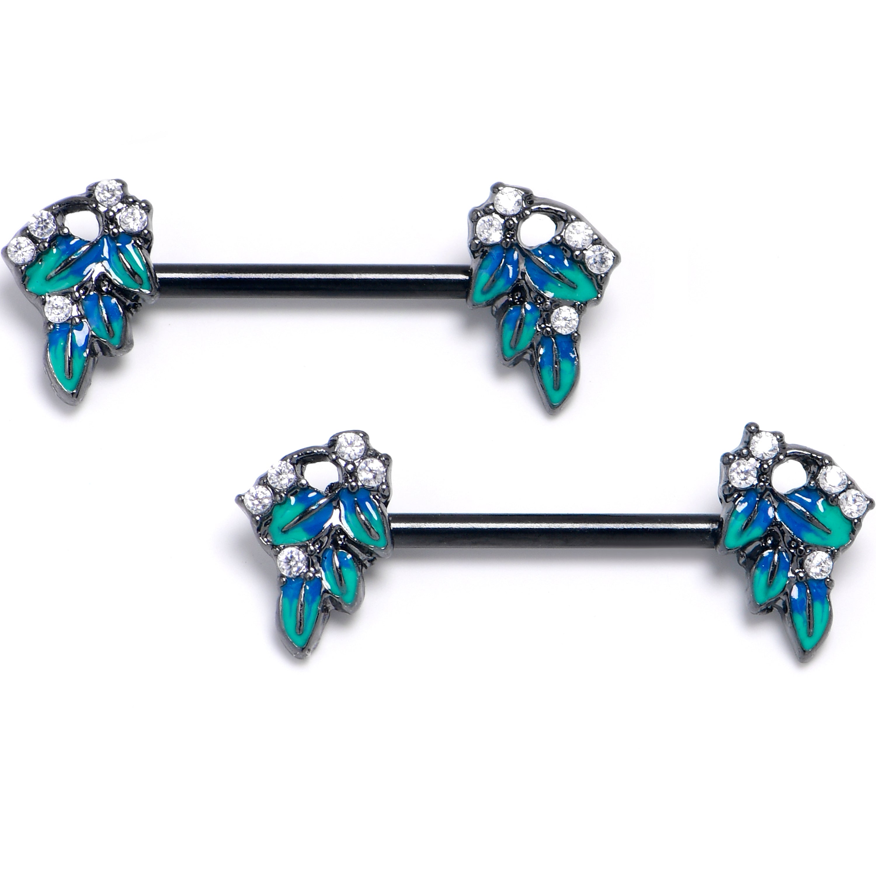 BodyCandy 14G 9/16 Clear CZ Gem Black Lush Leaves Barbell Nipple Ring Set — main product shot