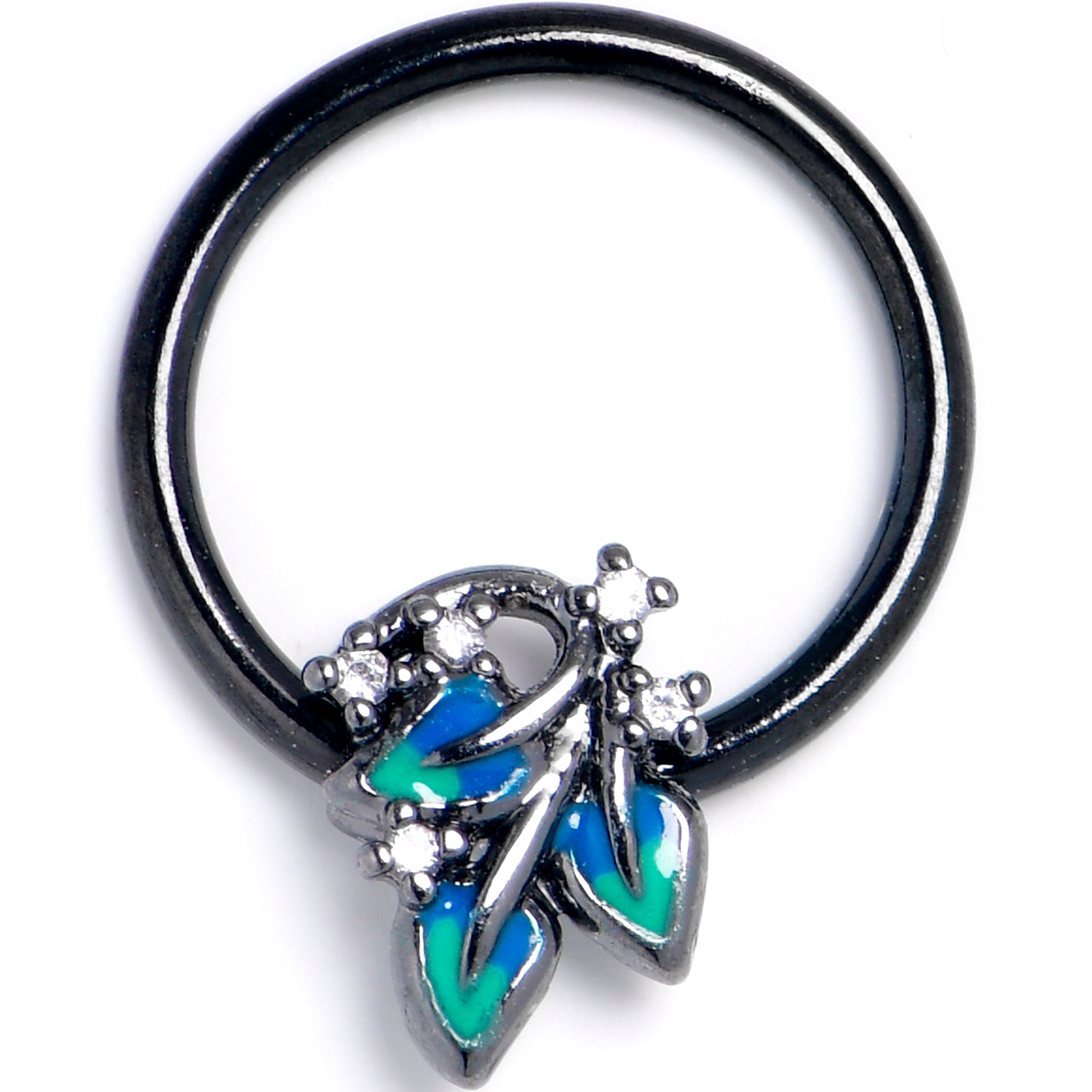 BodyCandy 16G 3/8 Clear CZ Gem Black Lush Leaves BCR Captive Ring — main product shot