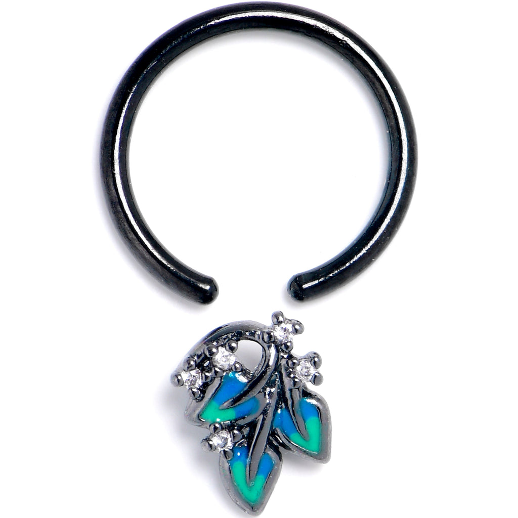BodyCandy 16G 3/8 Clear CZ Gem Black Lush Leaves BCR Captive Ring — detail close-up