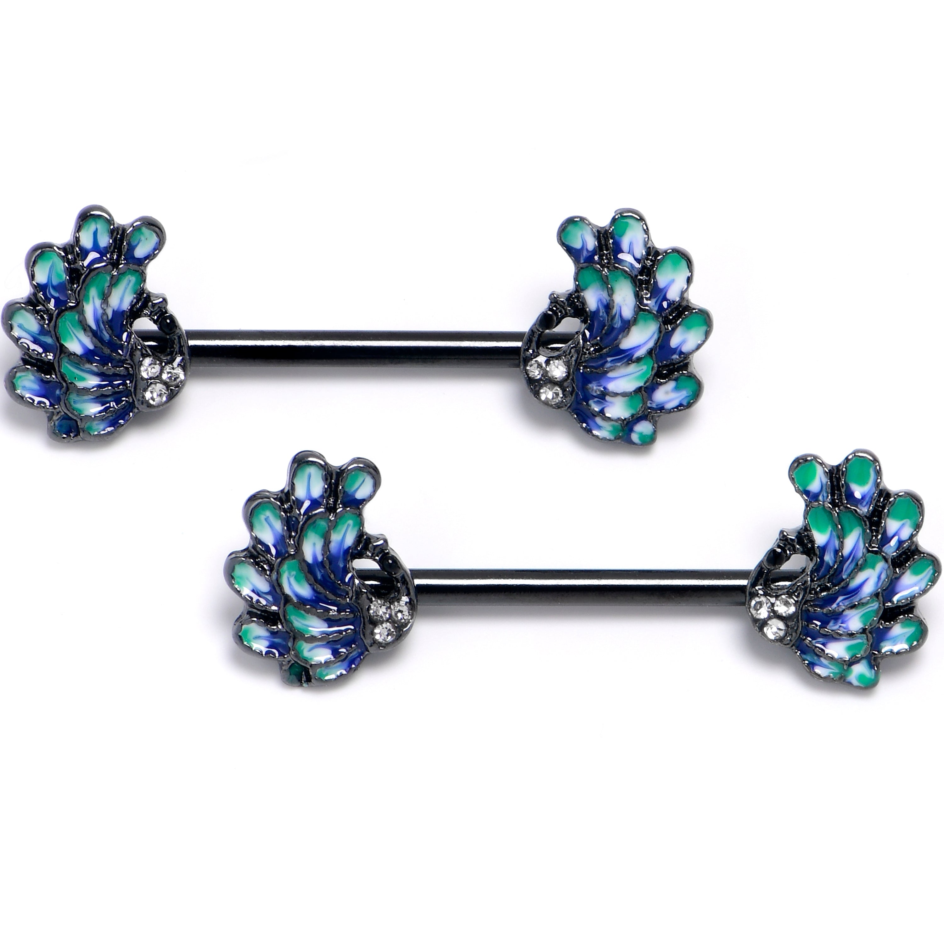 BodyCandy 14G 9/16 Clear Gem Black Peacock Green Barbell Nipple Ring Set — main product shot