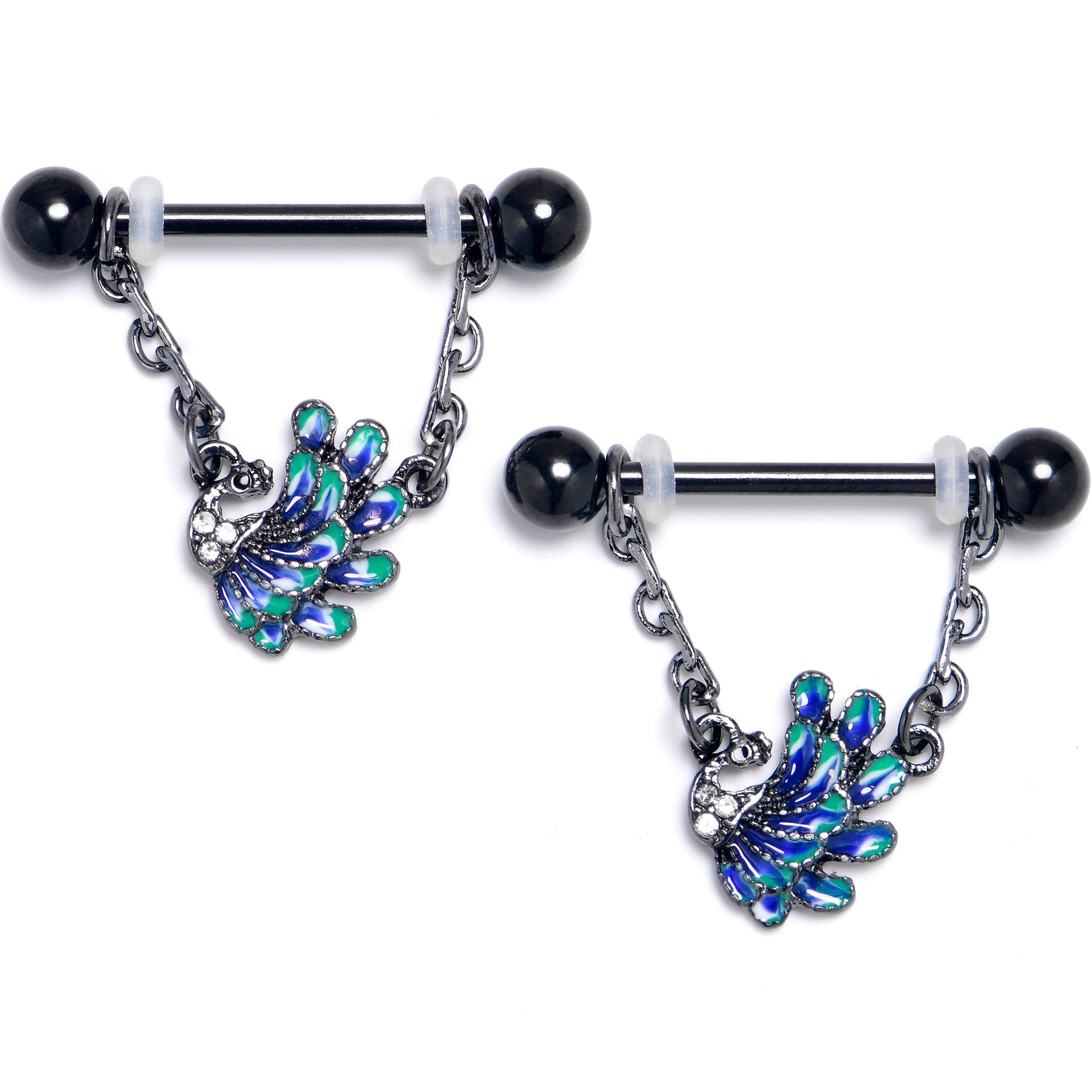 BodyCandy 14G 9/16 Clear Gem Black Peacock Green Dangle Nipple Ring Set — main product shot