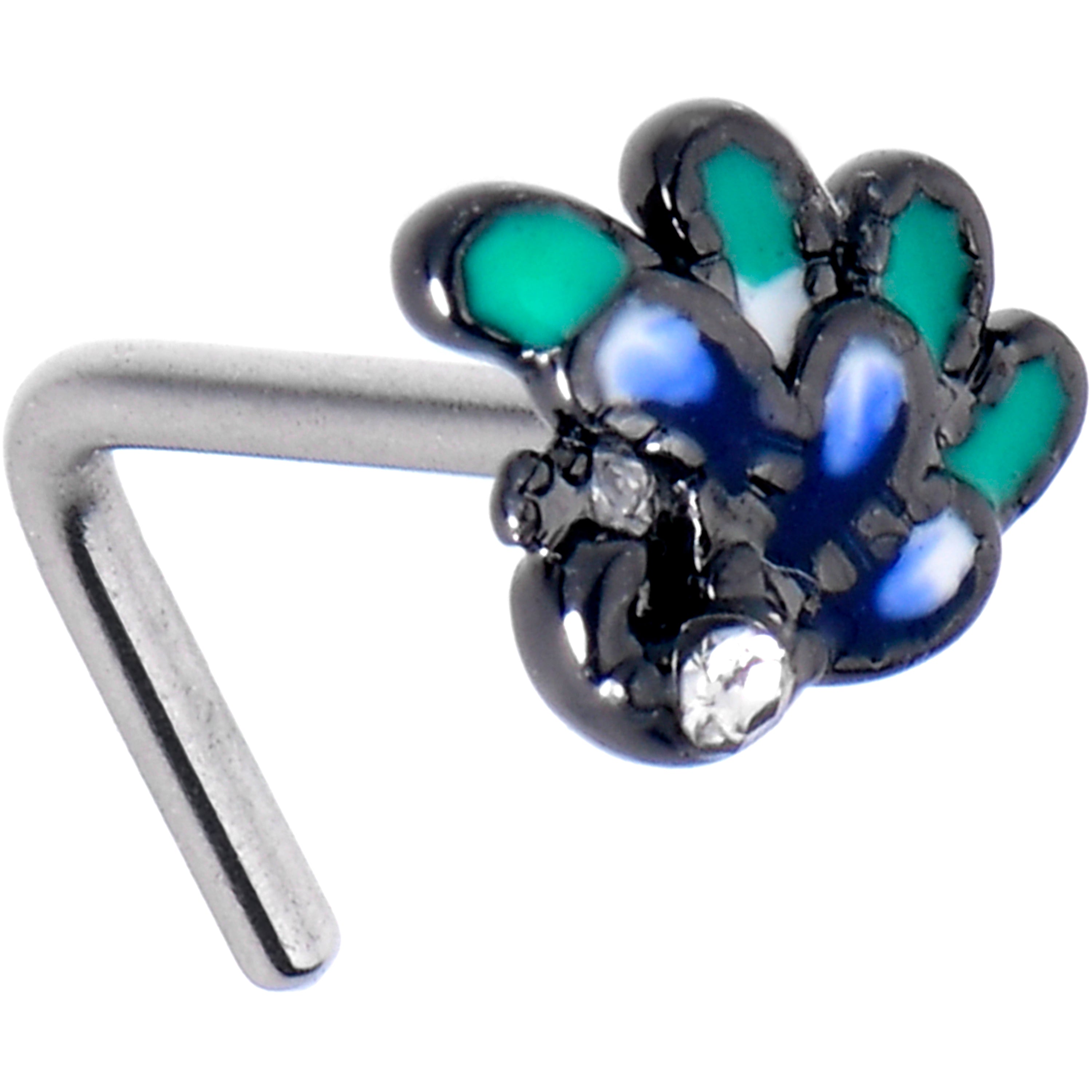 BodyCandy 20G 7mm Clear Gem Peacock Green L Shape Nose Ring — main product shot