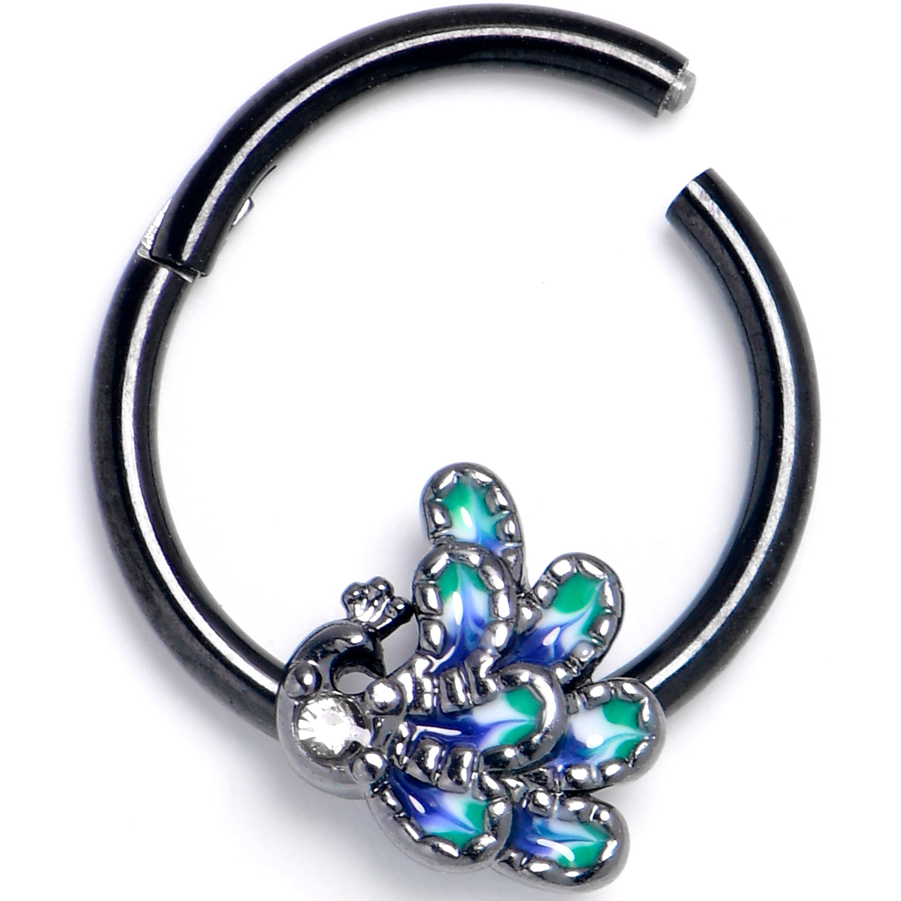 BodyCandy 16G 3/8 Clear Gem Black Peacock Green Hinged Segment Ring — main product shot