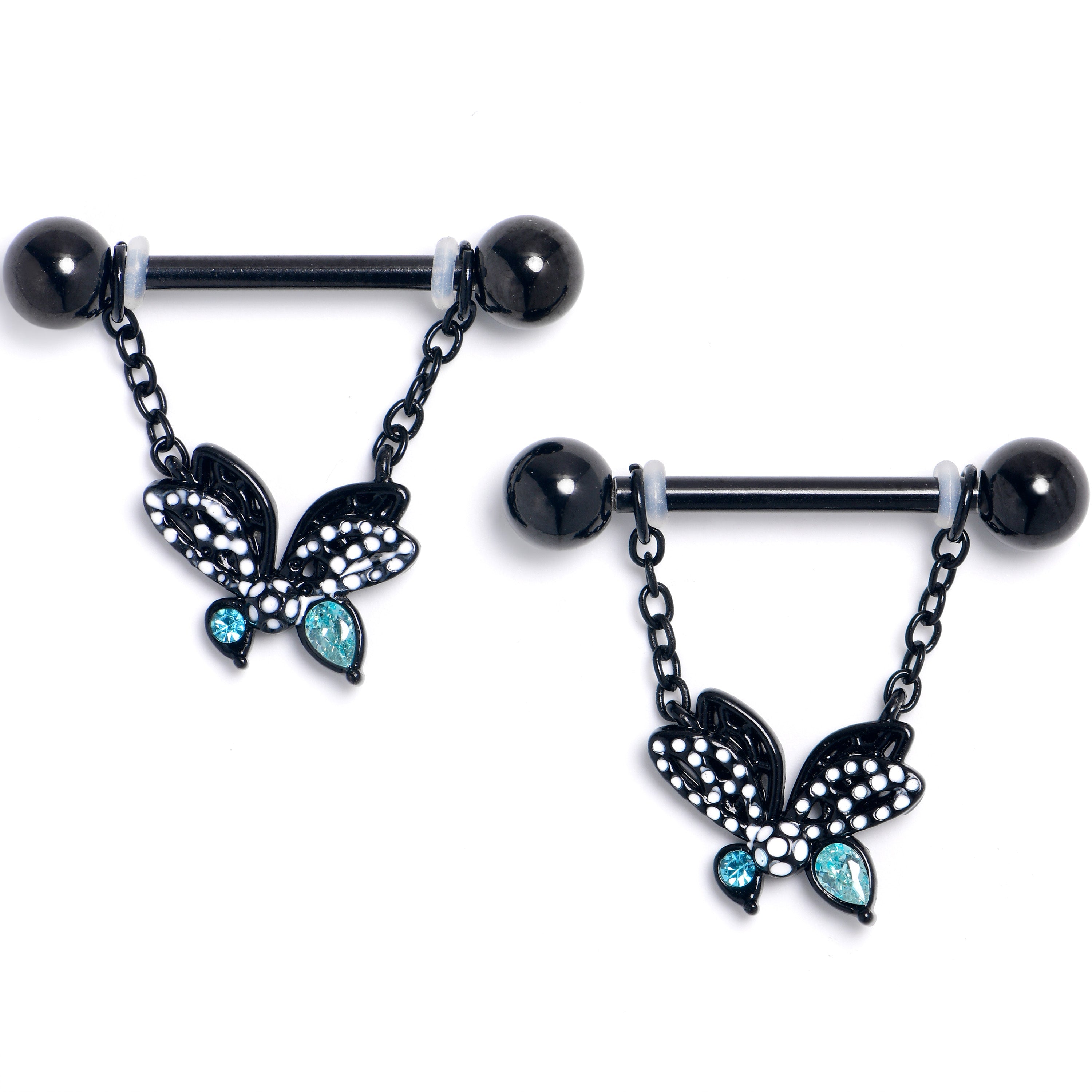 BodyCandy 14G 9/16 Blue CZ Gem Black Night Drama Butterfly Nipple Ring Set — main product shot