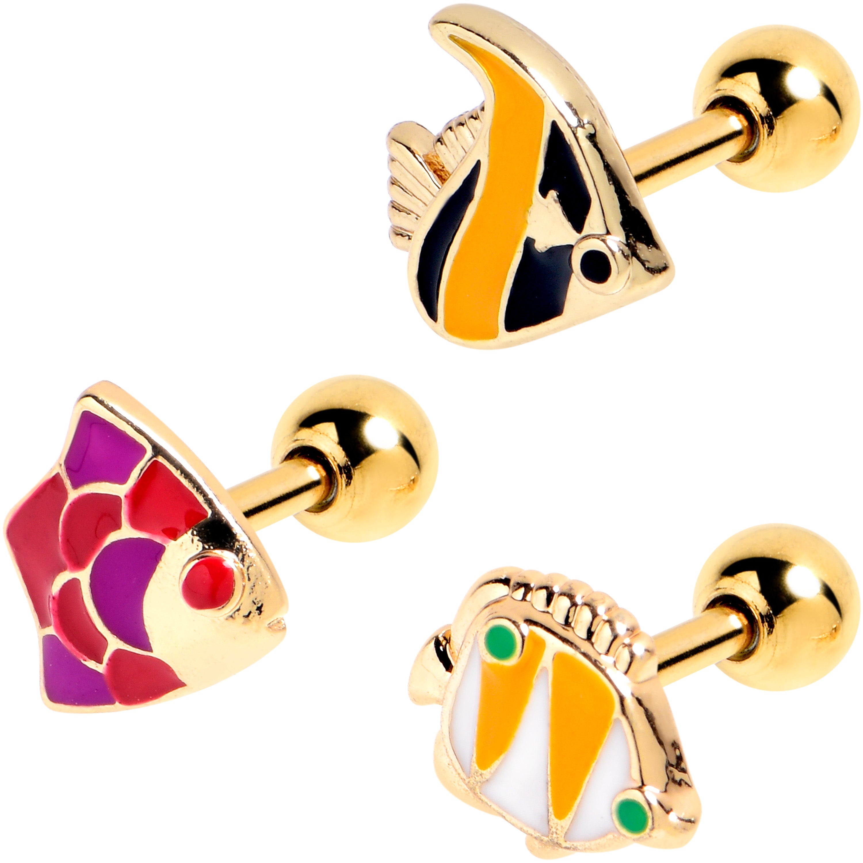 BodyCandy 16G 1/4 Gold Tone Tropical Fish Cartilage Tragus Earring Set of 3 — main product shot