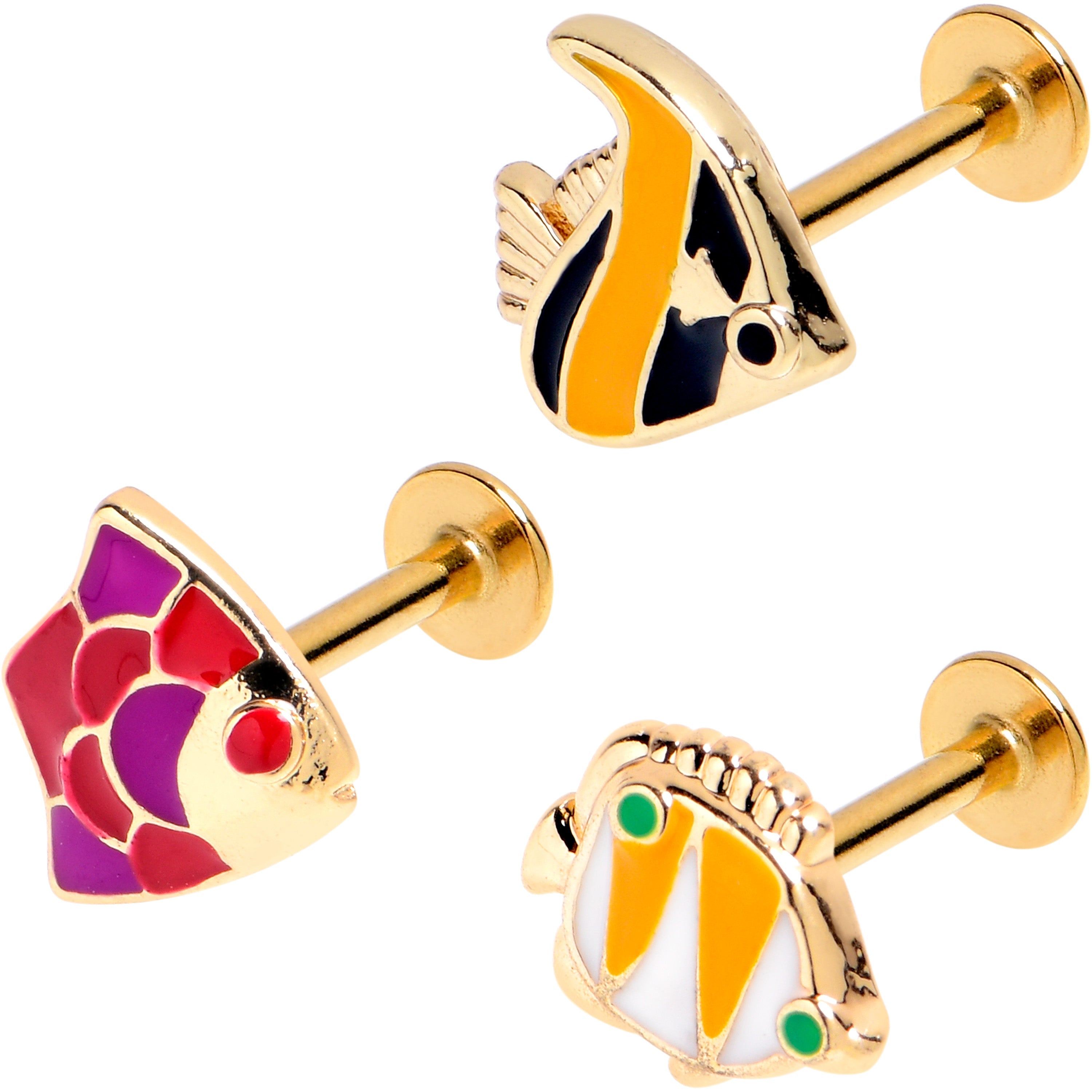 BodyCandy 16G 5/16 Gold Tone Tropical Fish Labret Monroe Tragus Set of 3 — main product shot