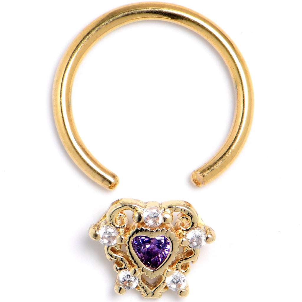 BodyCandy 16G Purple CZ Gem Gold Tone Heart of Love BCR Captive Ring — detail close-up