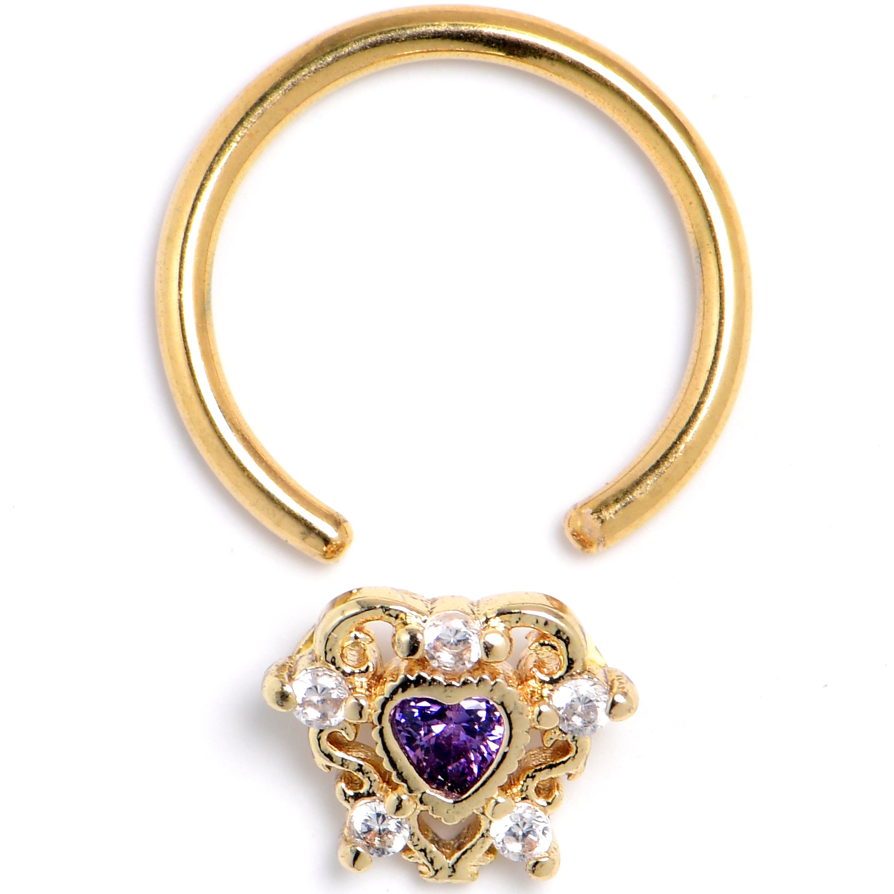 BodyCandy 16G Purple CZ Gem Gold Tone Heart of Love BCR Captive Ring — detail close-up