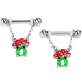BodyCandy 14G 9/16 Happy Mushrooms Red Green Chain Dangle Nipple Ring Set — main product shot