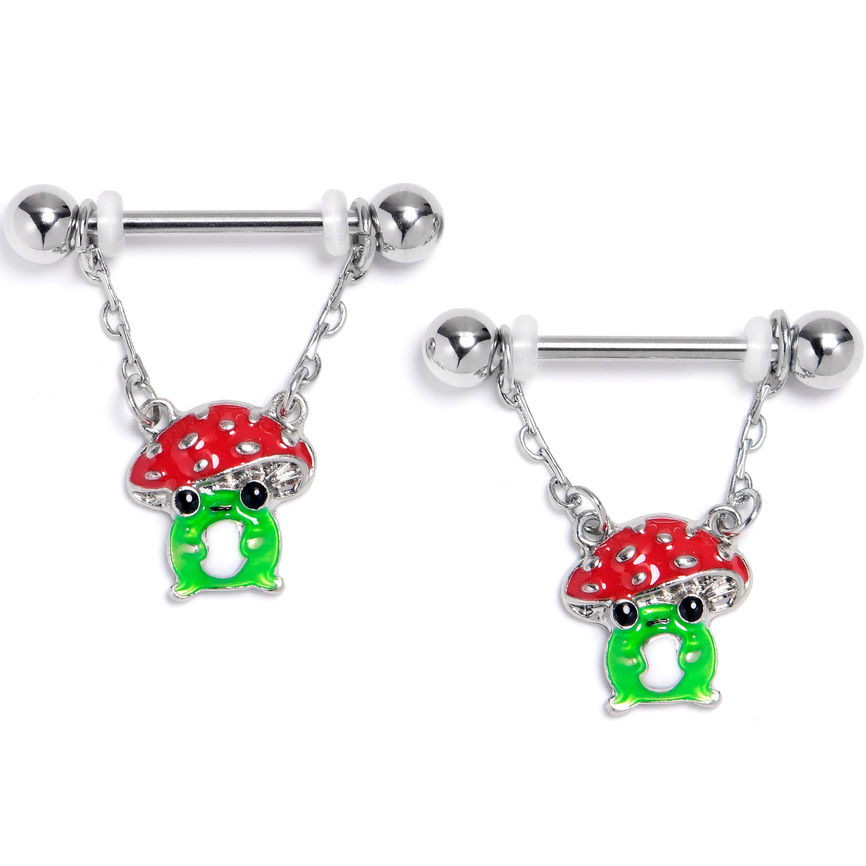 BodyCandy 14G 9/16 Happy Mushrooms Red Green Chain Dangle Nipple Ring Set — main product shot