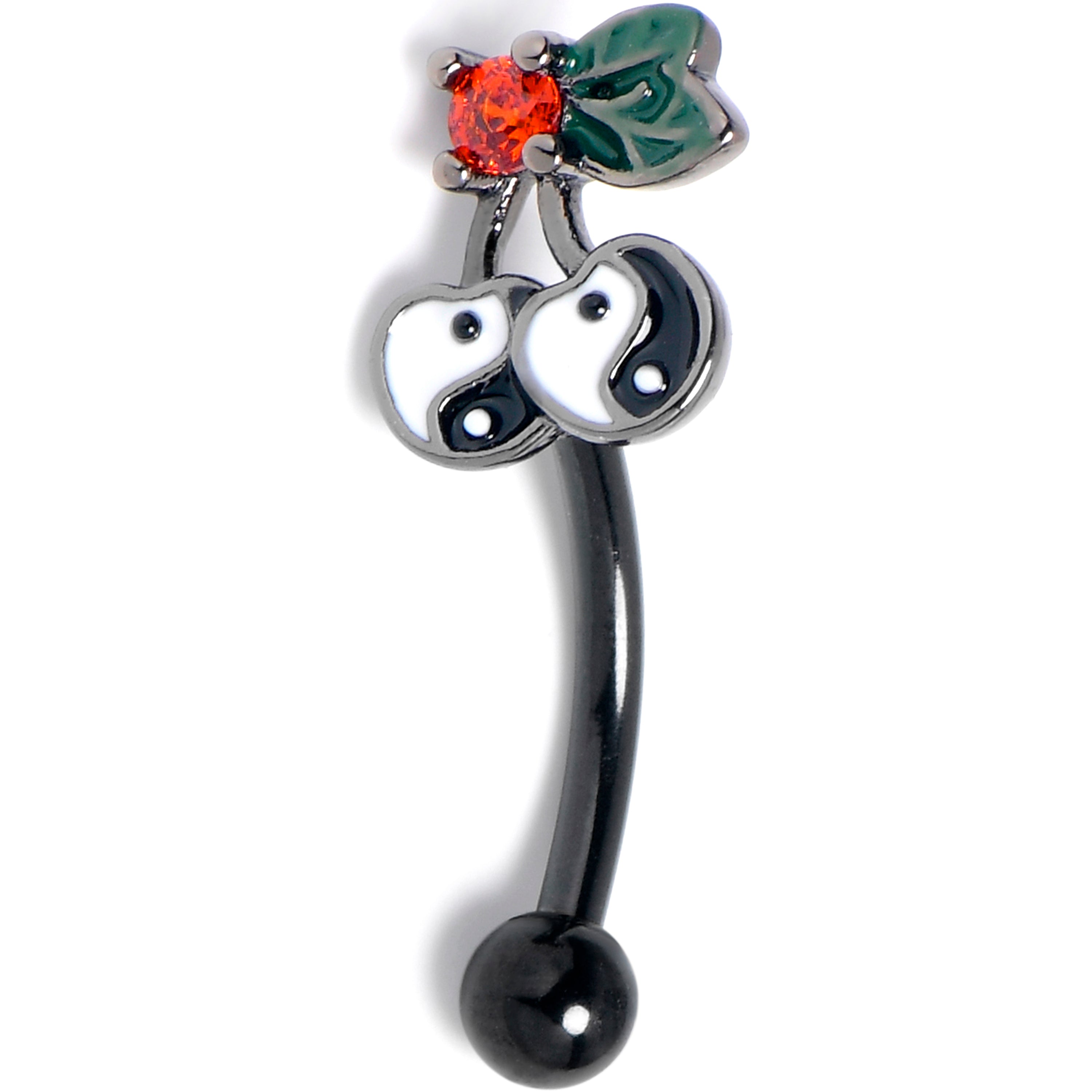 BodyCandy 16G 5/16 Red CZ Gem Black Yin Yang Cherry Curved Eyebrow Ring — main product shot
