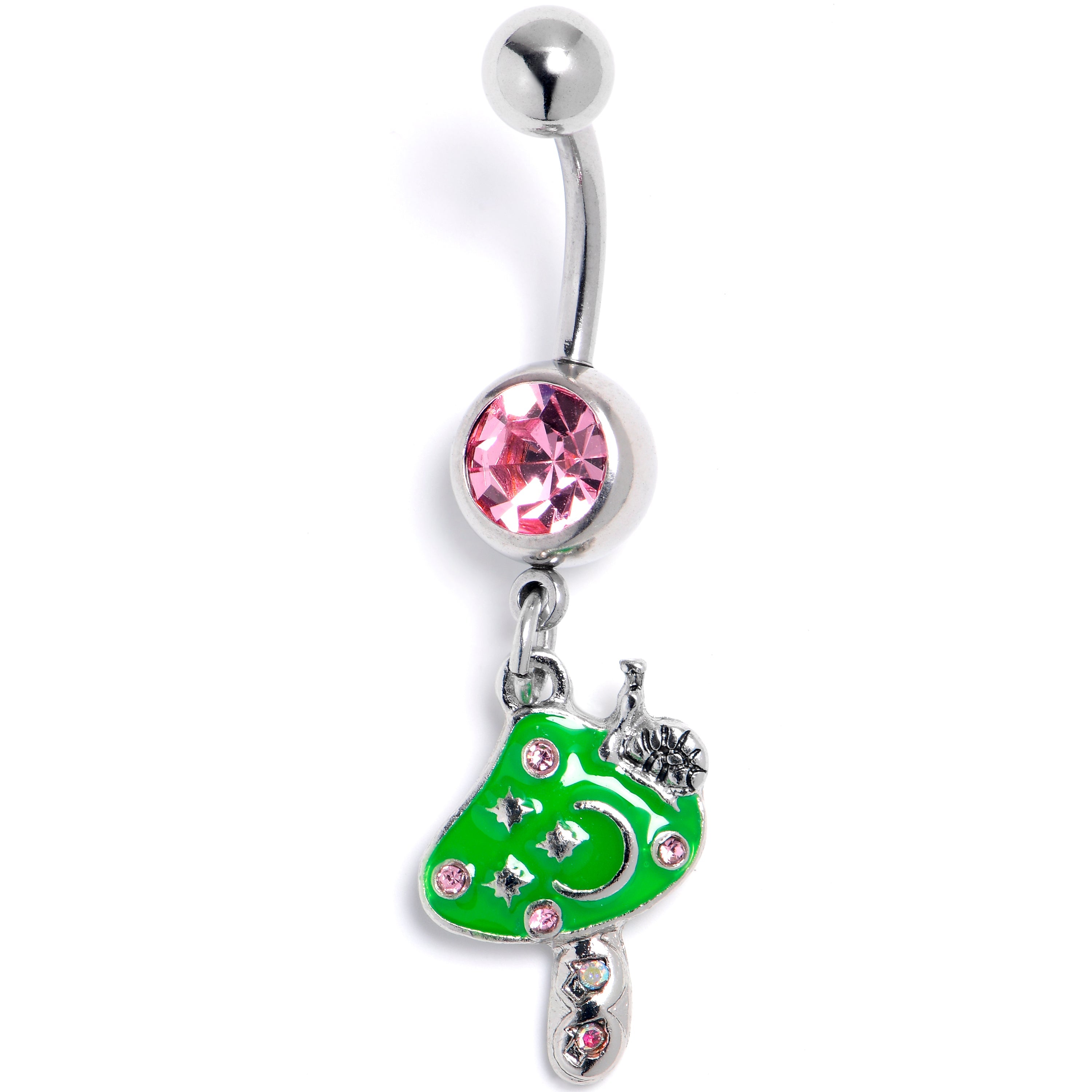 BodyCandy Pink Gem Fanciful Green Mushroom Dangle Belly Ring — main product shot