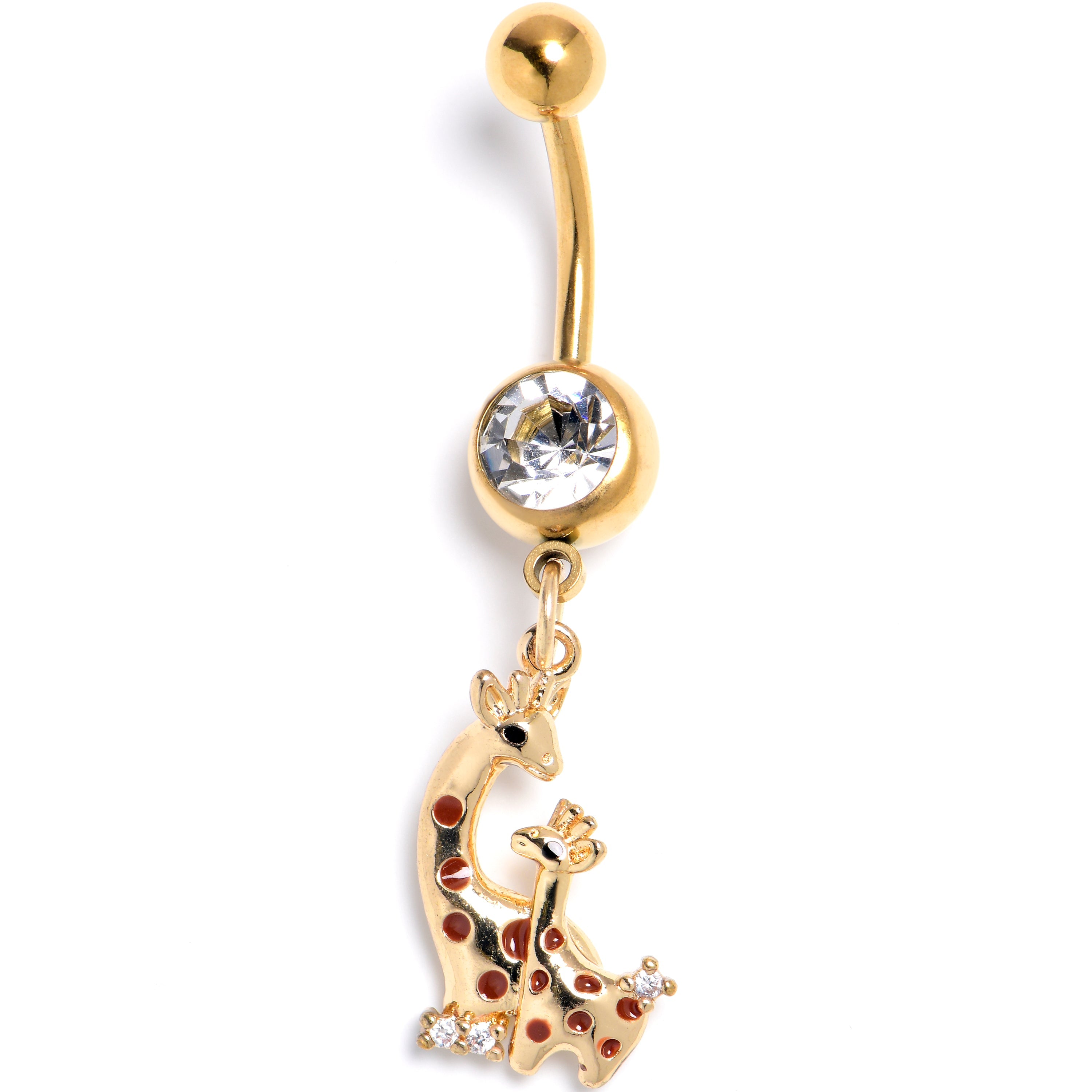 BodyCandy Clear CZ Gem Gold Tone Mom Baby Giraffes Dangle Belly Ring — main product shot
