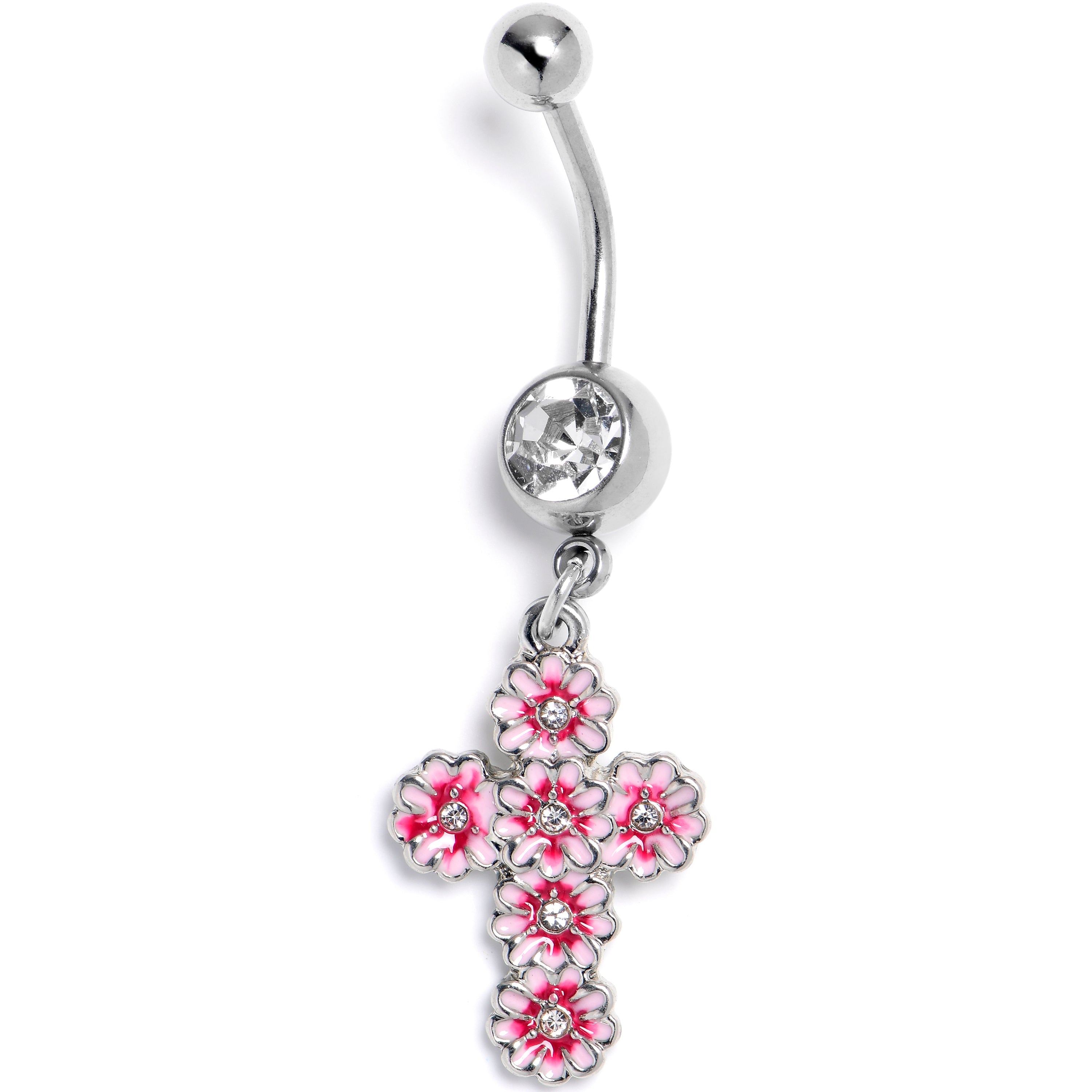 BodyCandy Clear Gem Perfectly Pink Flower Cross Dangle Belly Ring — main product shot
