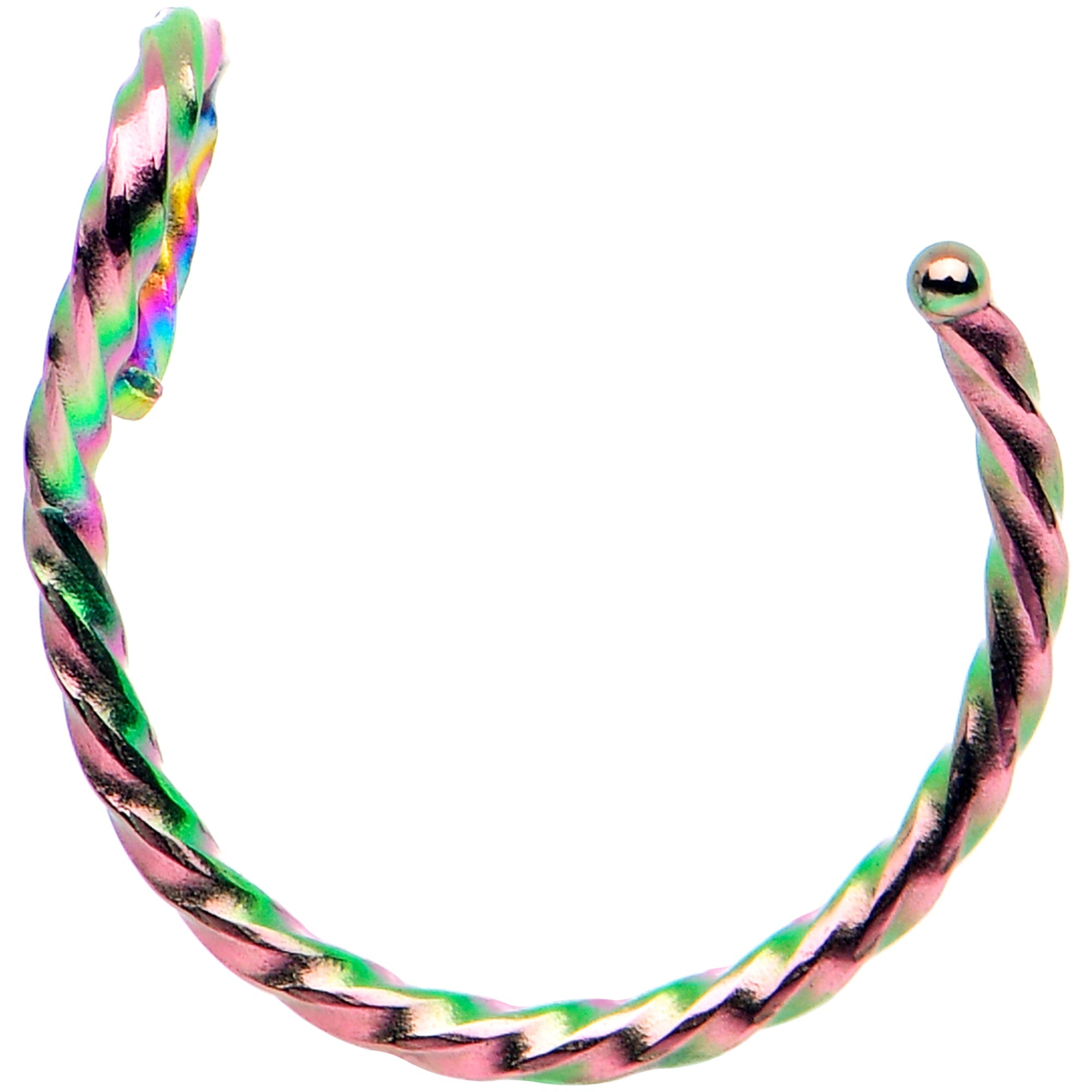 BodyCandy Rainbow Twisted Stainless Steel Clip on Hoop Fake Nose Ring — detail close-up