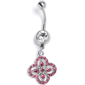 Clear Pink Gem Curved Cross Dangle Belly Ring