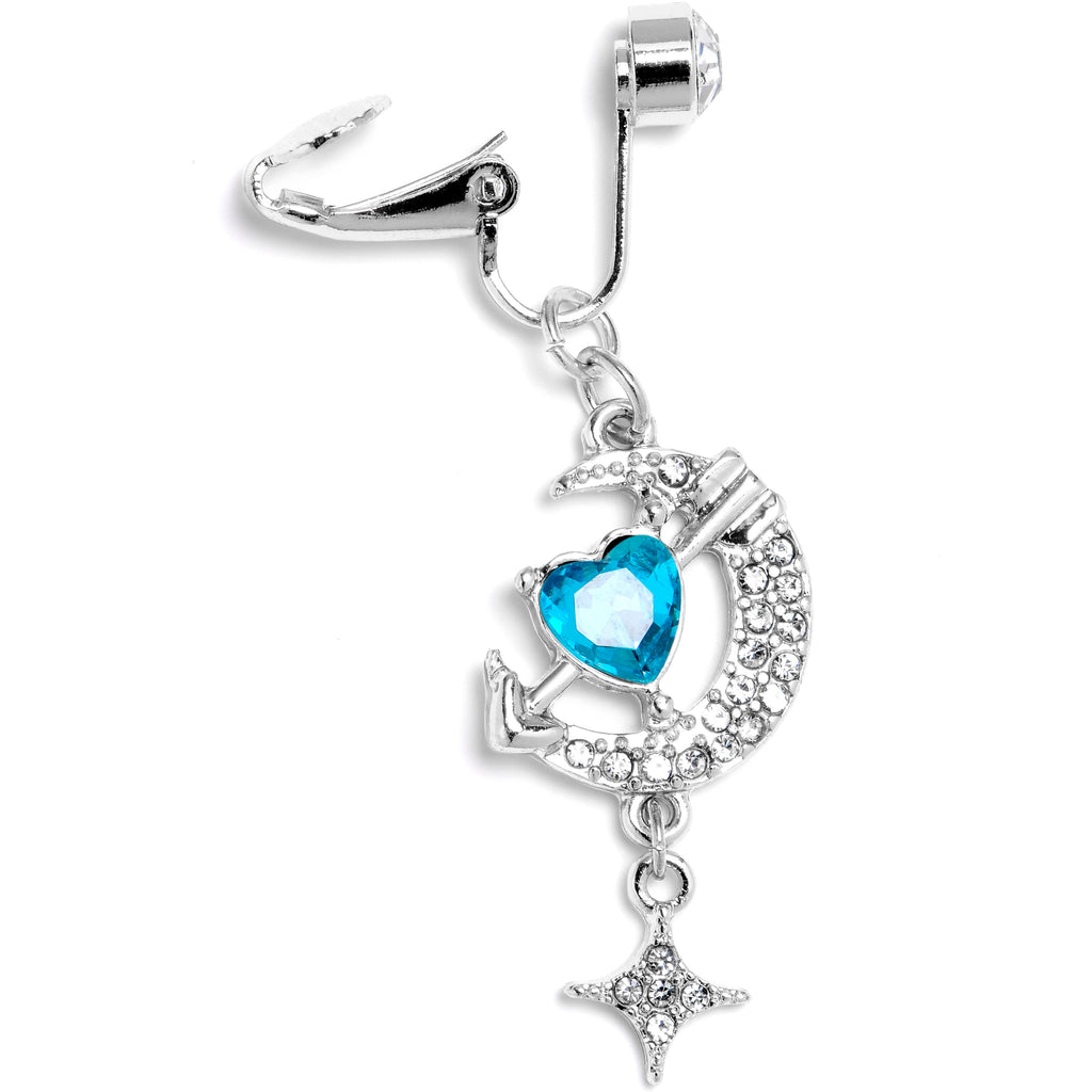 BodyCandy Clear Blue Gem Moon Lover Dangle Clip On Fake Belly Ring — detail close-up