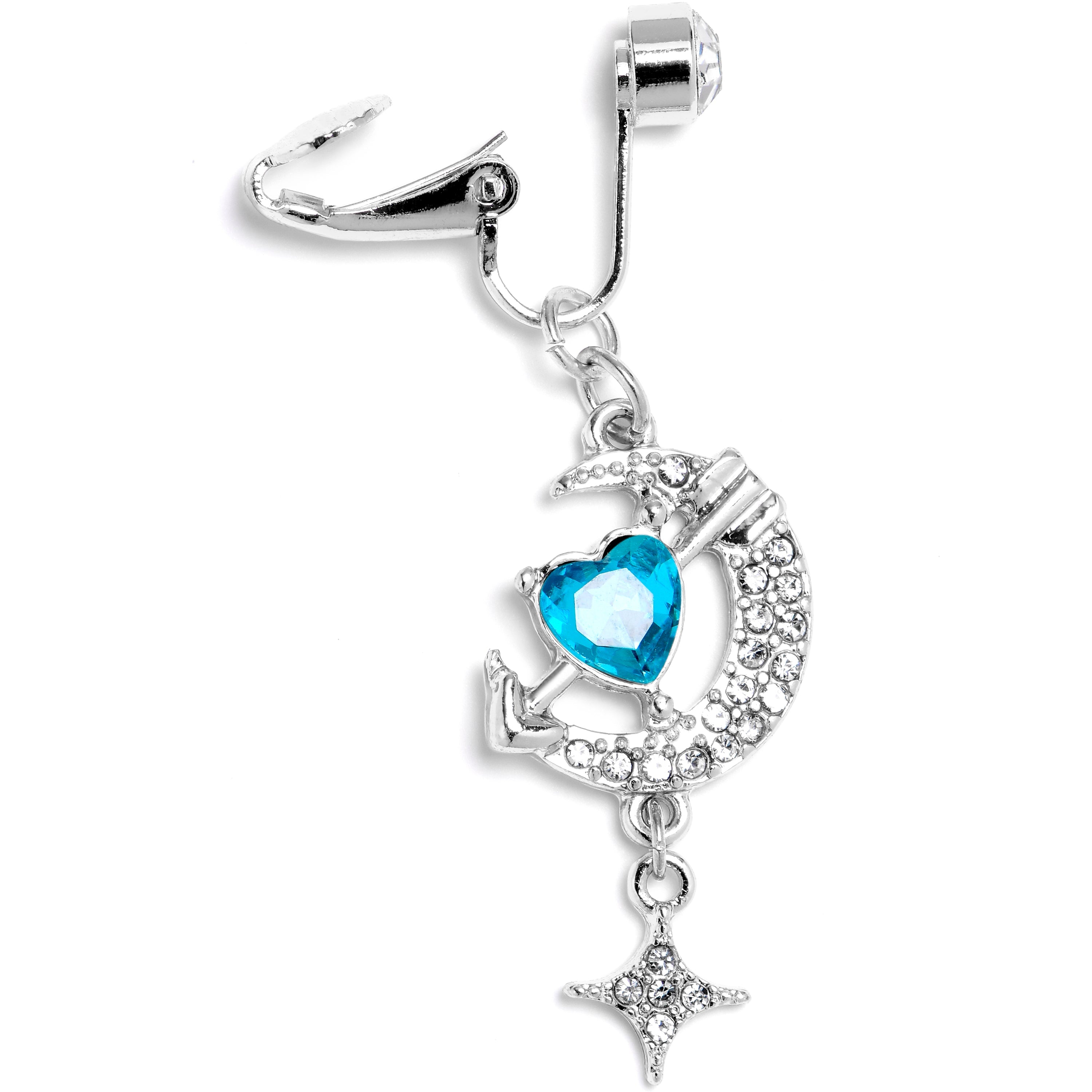 BodyCandy Clear Blue Gem Moon Lover Dangle Clip On Fake Belly Ring — detail close-up