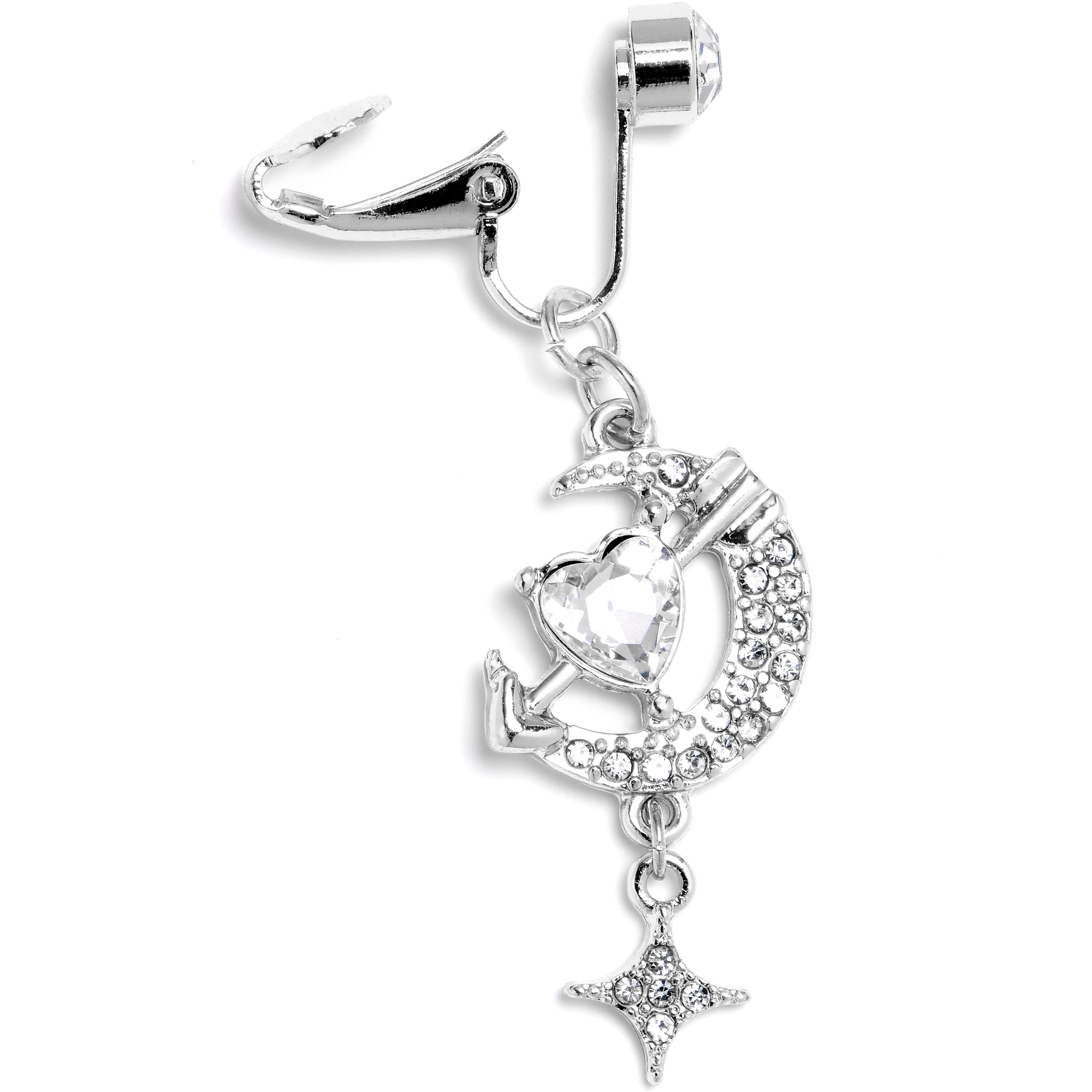 BodyCandy Clear Gem Moon Lover Dangle Clip On Fake Belly Ring — detail close-up