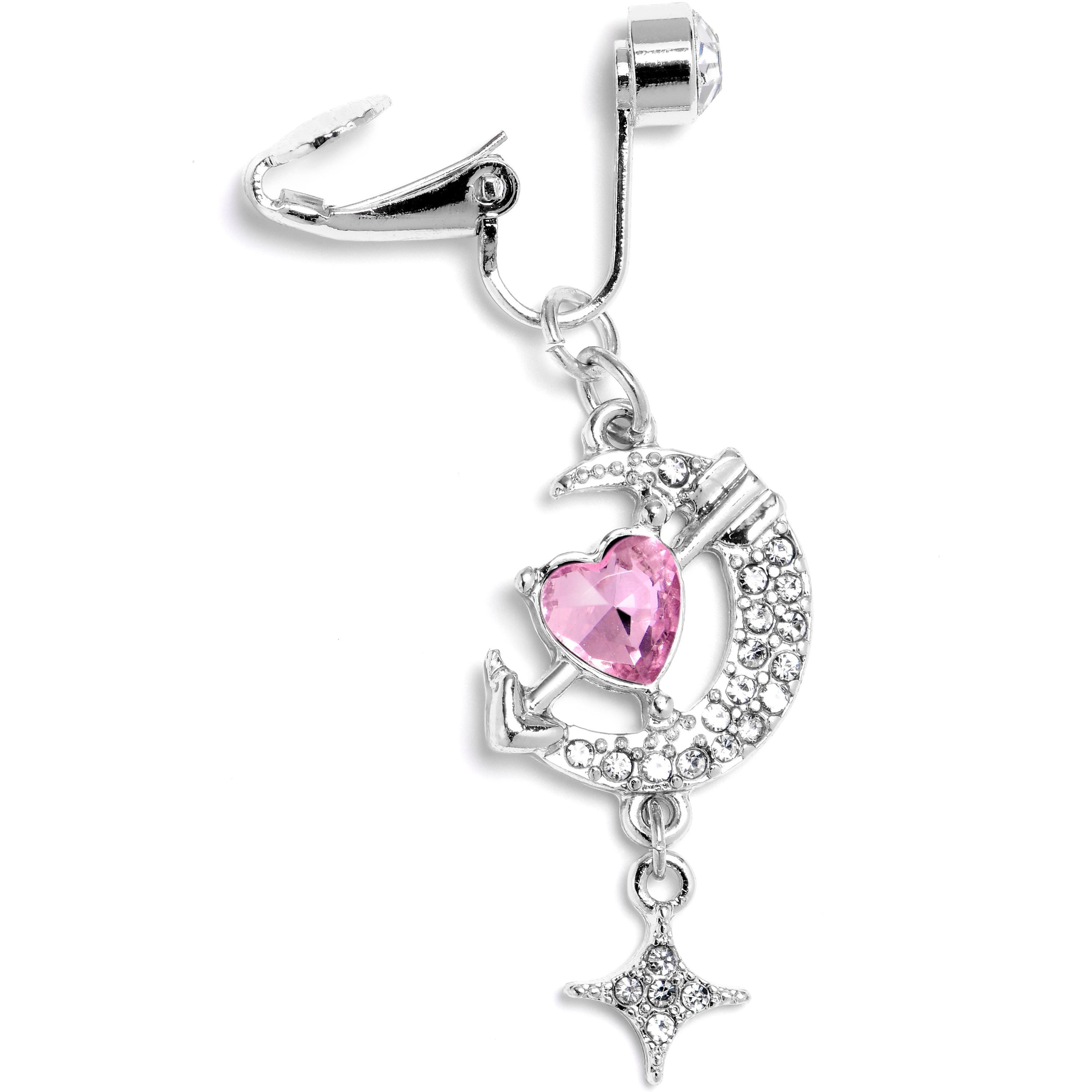 BodyCandy Clear Pink Gem Moon Lover Dangle Clip On Fake Belly Ring — detail close-up