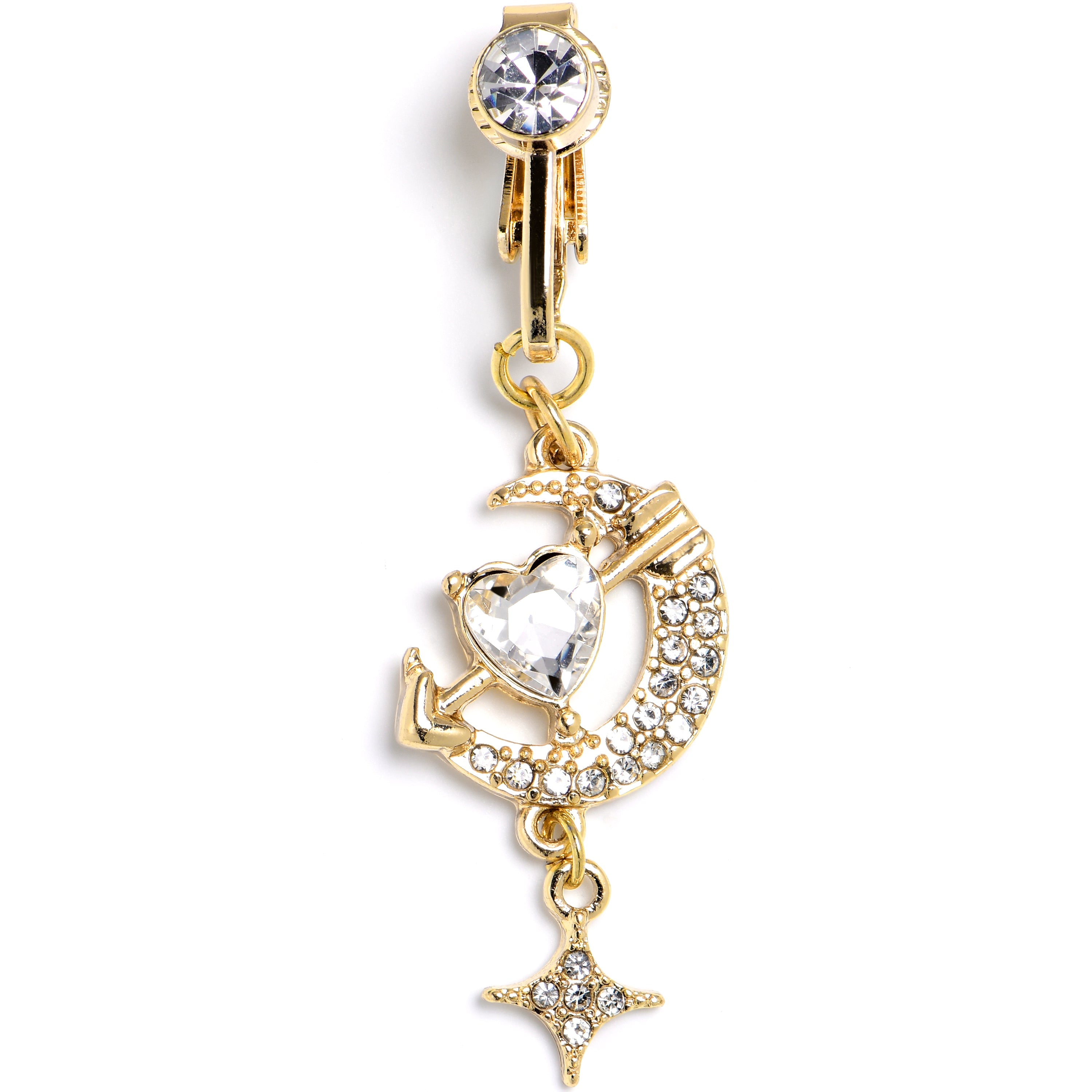 BodyCandy Clear Gem Gold Tone Moon Lover Dangle Clip On Fake Belly Ring — main product shot