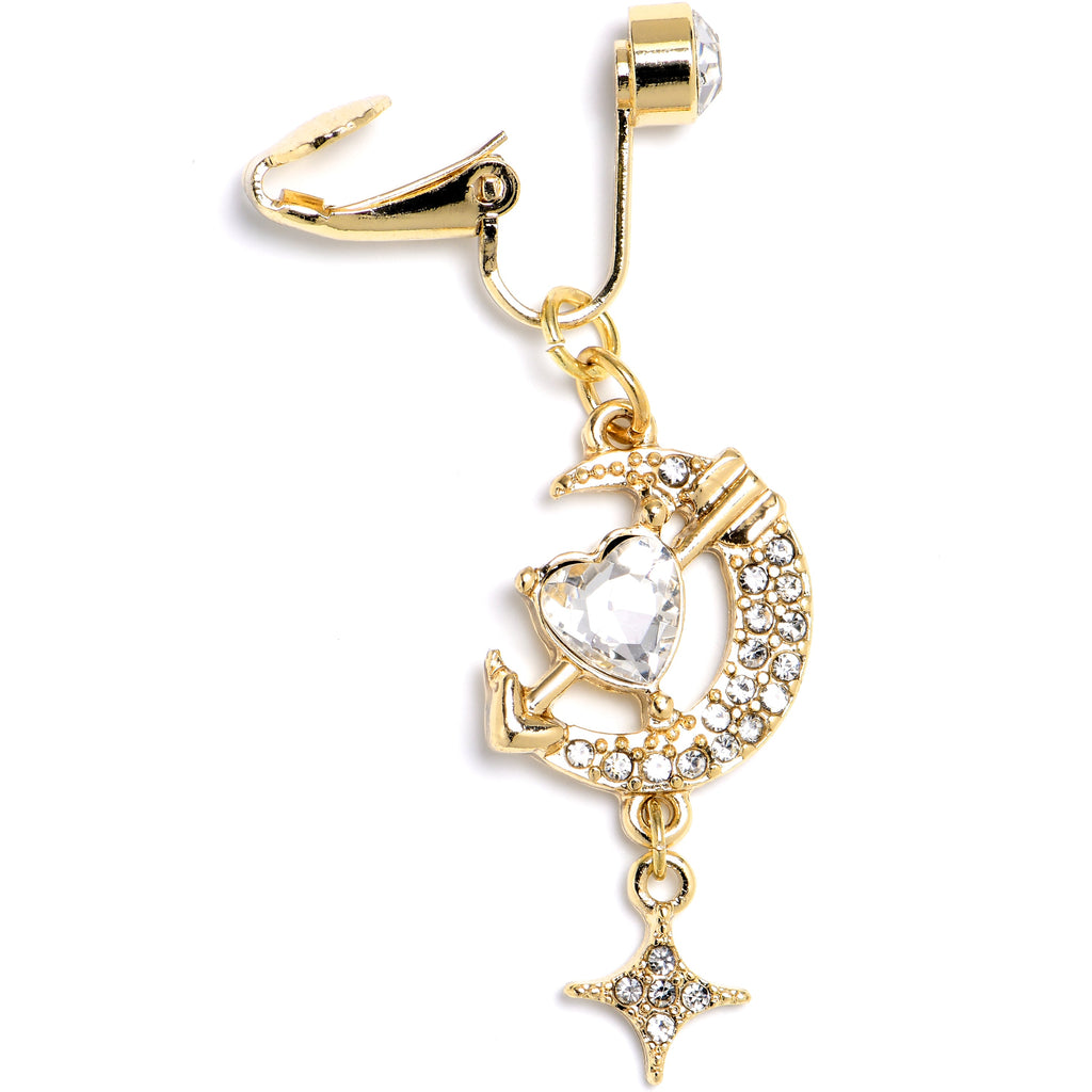 BodyCandy Clear Gem Gold Tone Moon Lover Dangle Clip On Fake Belly Ring — lifestyle context