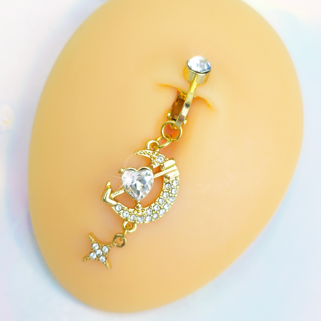 BodyCandy Clear Gem Gold Tone Moon Lover Dangle Clip On Fake Belly Ring — detail close-up