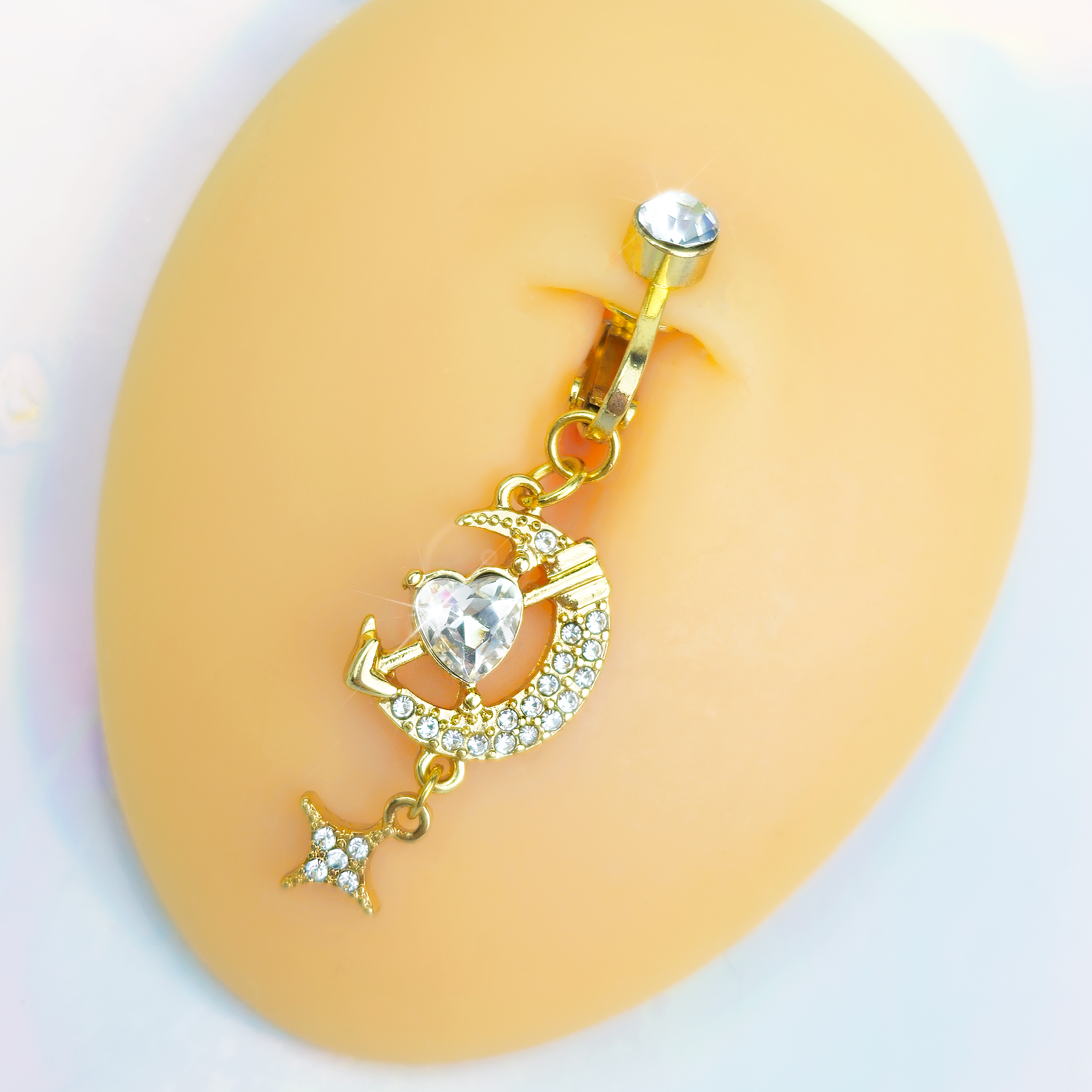 BodyCandy Clear Gem Gold Tone Moon Lover Dangle Clip On Fake Belly Ring — detail close-up