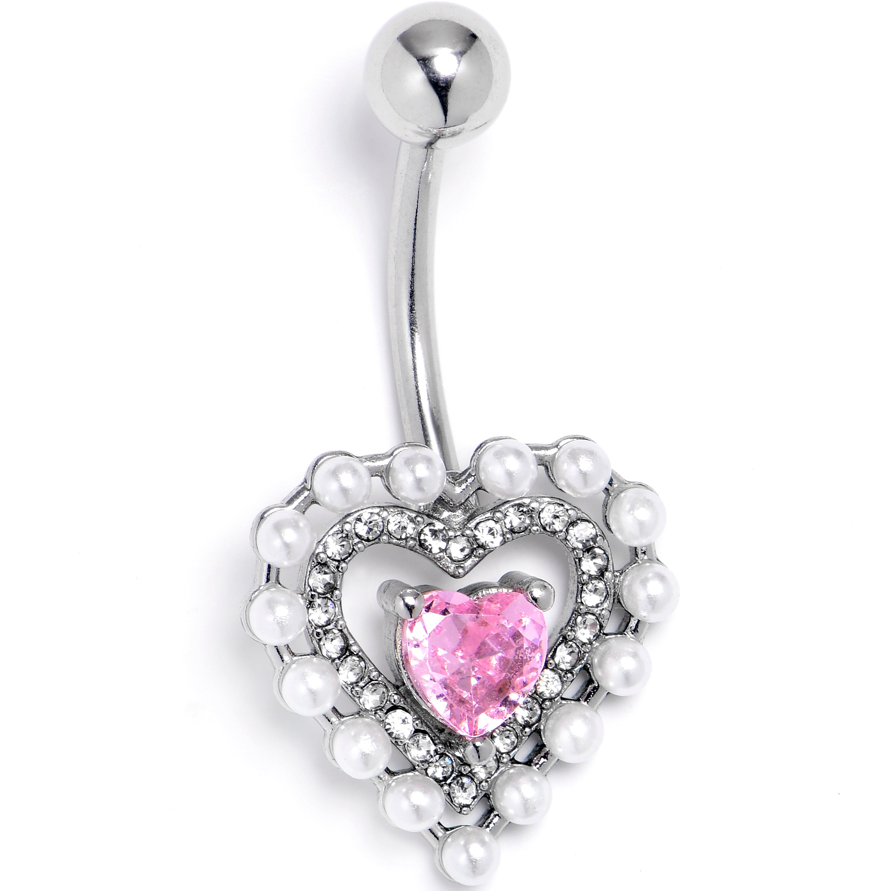 BodyCandy Pink CZ Gem Pearly Heart Pair Belly Ring — main product shot
