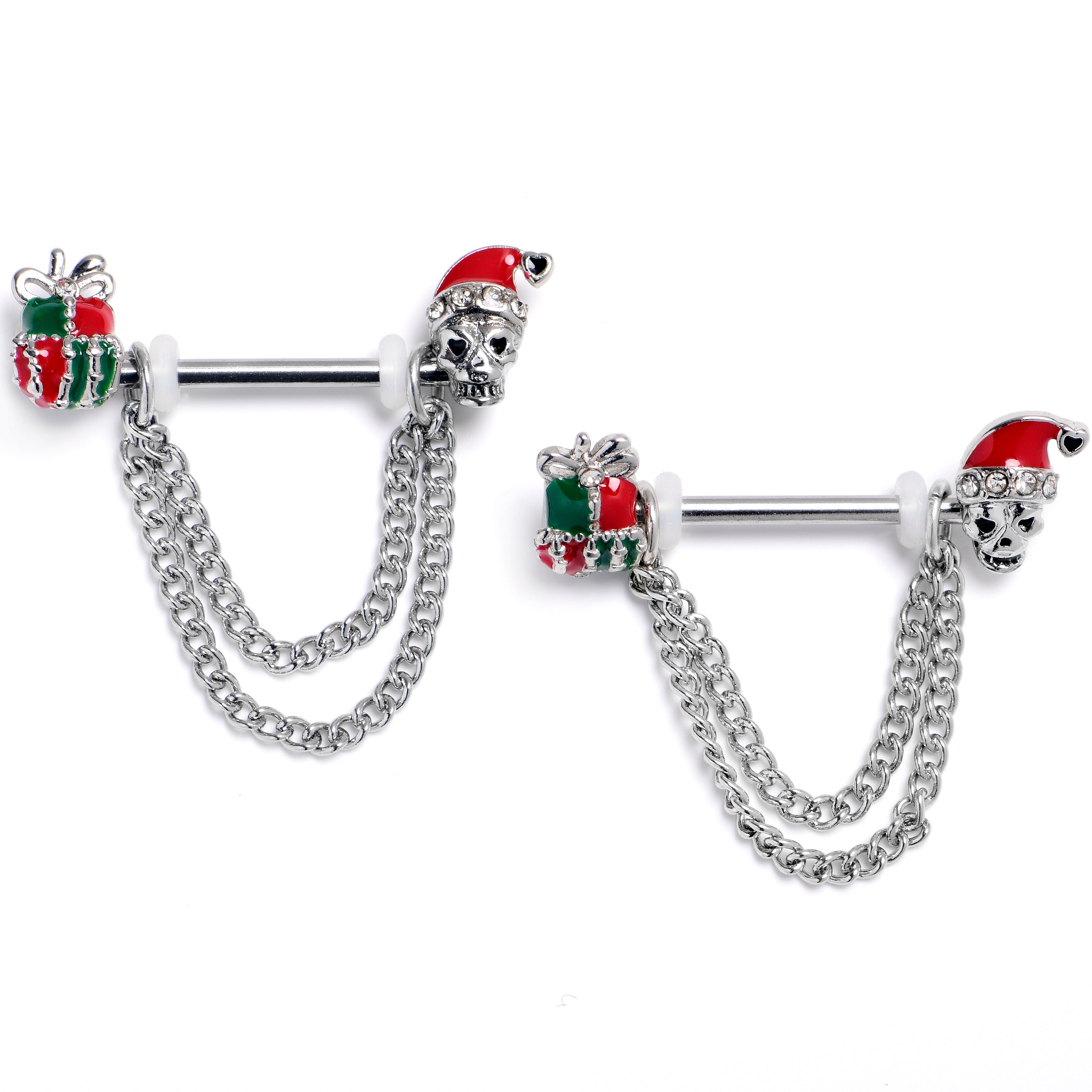 BodyCandy 14G 9/16 Clear Gem Santa Skull Gift Chain Dangle Nipple Ring Set — main product shot