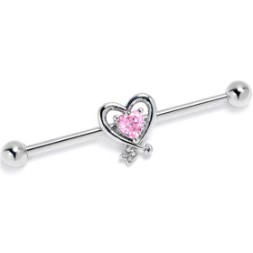 14G Pink CZ Gem Wrapped in Heart Industrial Barbell 38mm