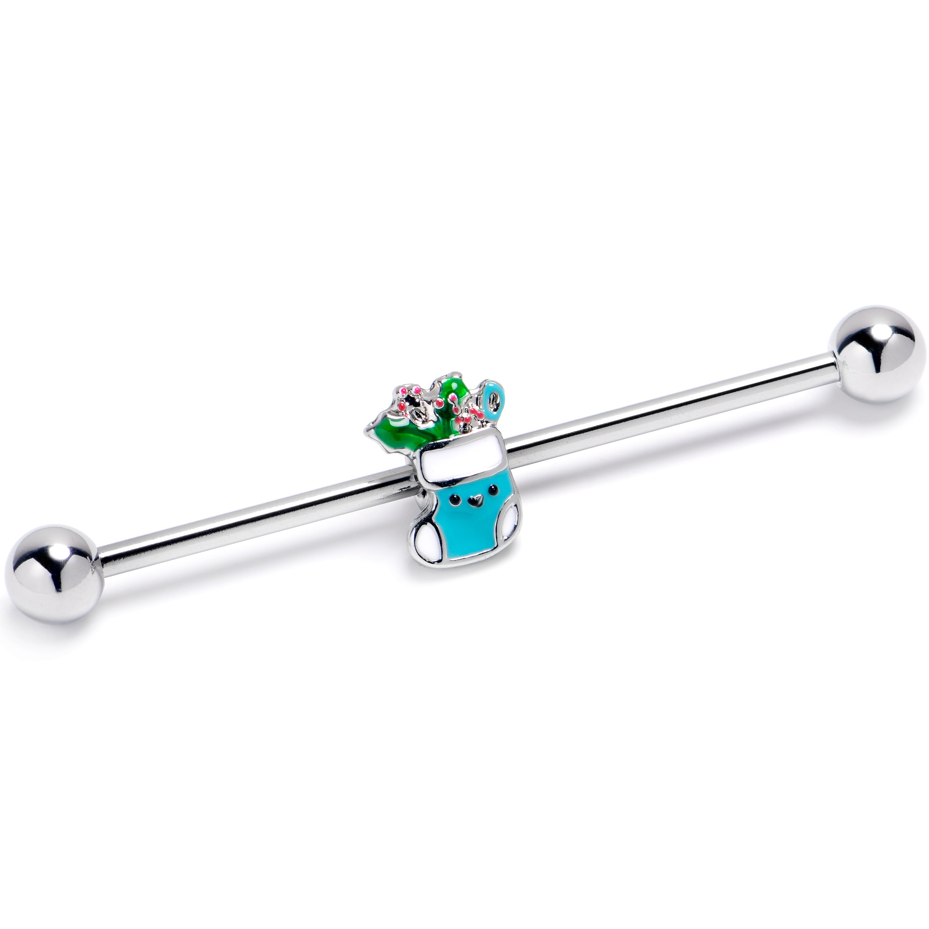 BodyCandy 14G Festive Blue Christmas Stocking Industrial Barbell 38mm — main product shot
