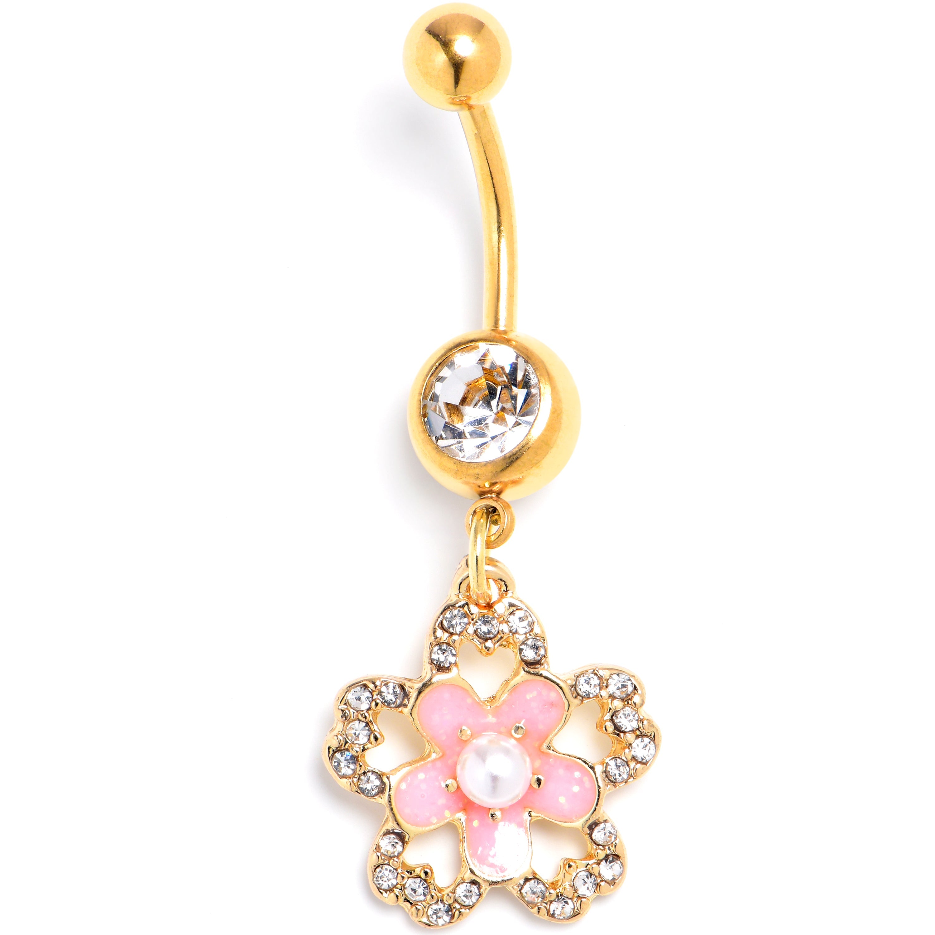 BodyCandy Clear Gem Gold Tone Flower Double Pink Dangle Belly Ring — main product shot