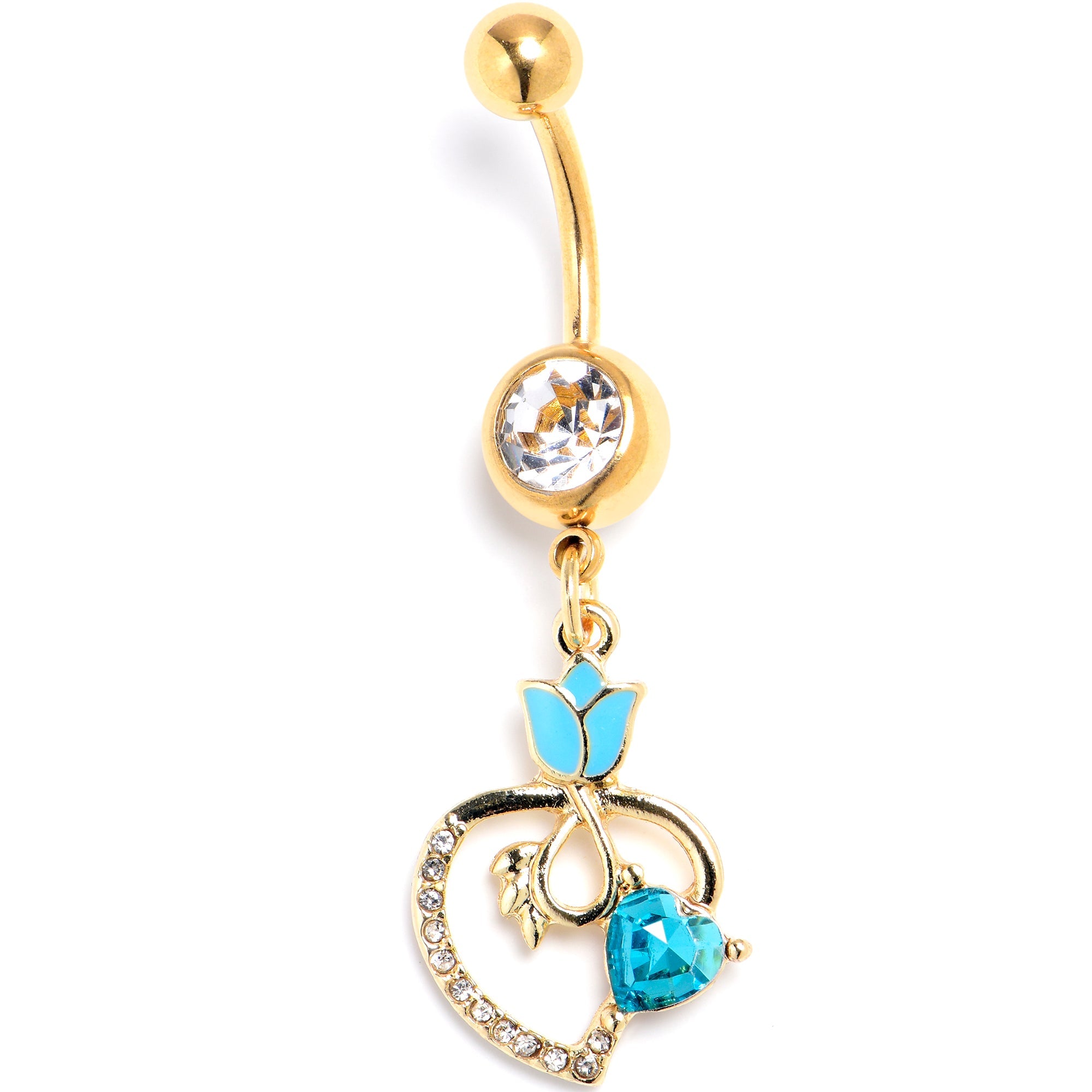BodyCandy Clear Blue Gem Gold Tone Tulip Heart Flower Dangle Belly Ring — main product shot