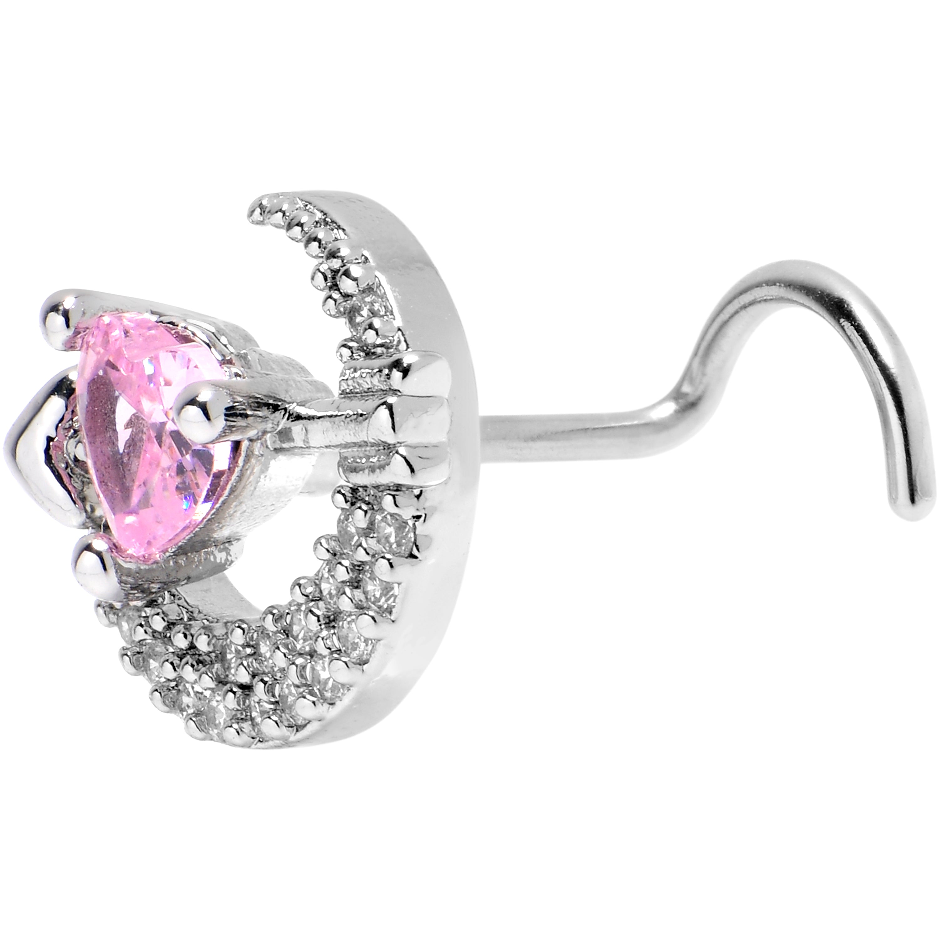 BodyCandy 20G 7mm Pink Clear CZ Gem Moon Lover Left Side Nose Screw — detail close-up