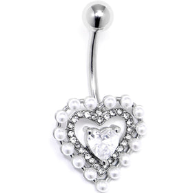 Clear CZ Gem Pearl Heart Belly Ring